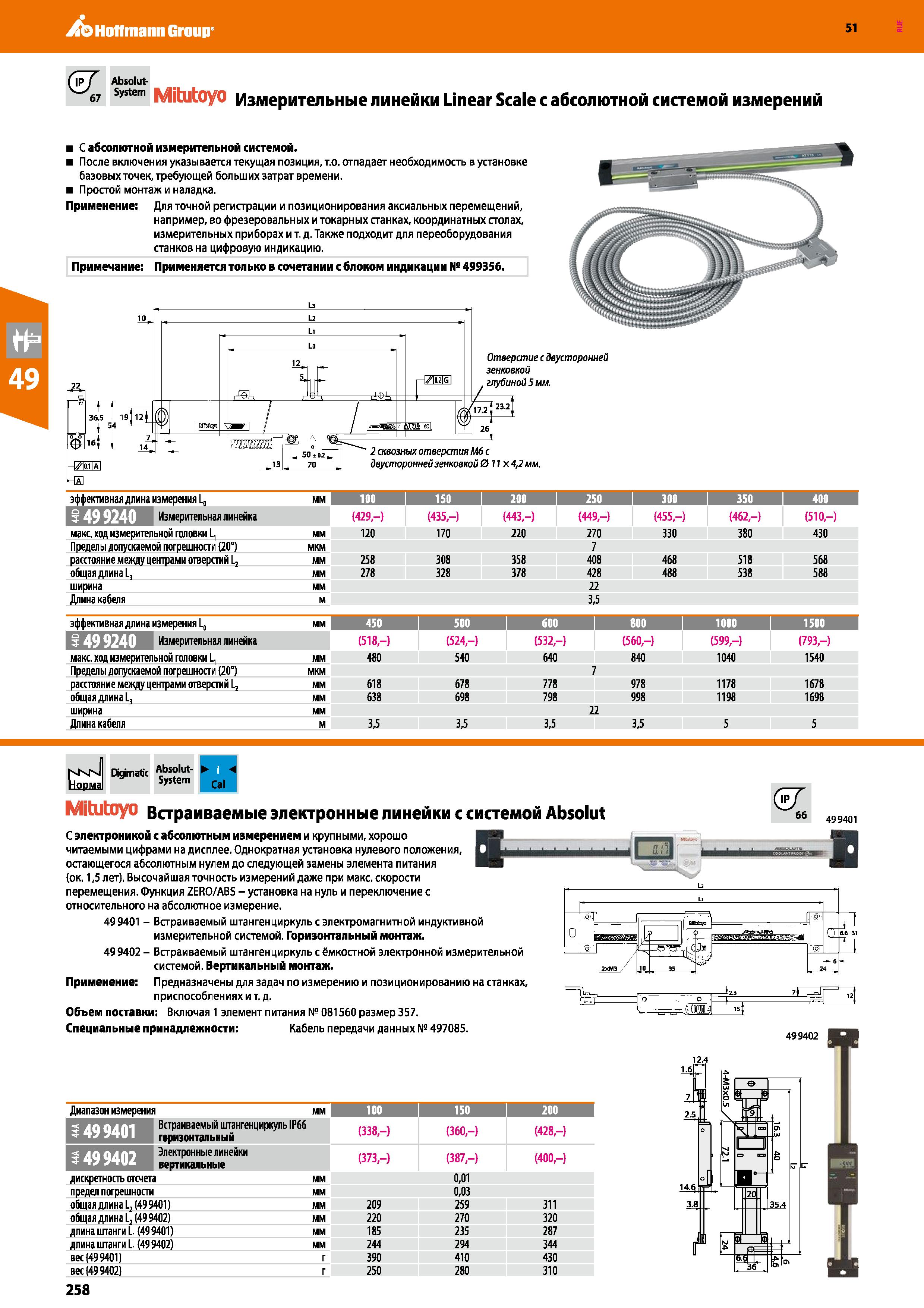 258 Hoffmann Group 51 ( T 67 Absolut- System Mitutoyo Измерительные линейки Linear Scale с абсолютной системой измерений С абсолютной измерительной с Каталог HOFFMANN GROUP 2020 Измерительный и ручной инструмент Инвентарь Абразивы Шлифовальные и отрезные круги Электроинструмент Пневмоинструмент Штангенциркули Стр. 258
