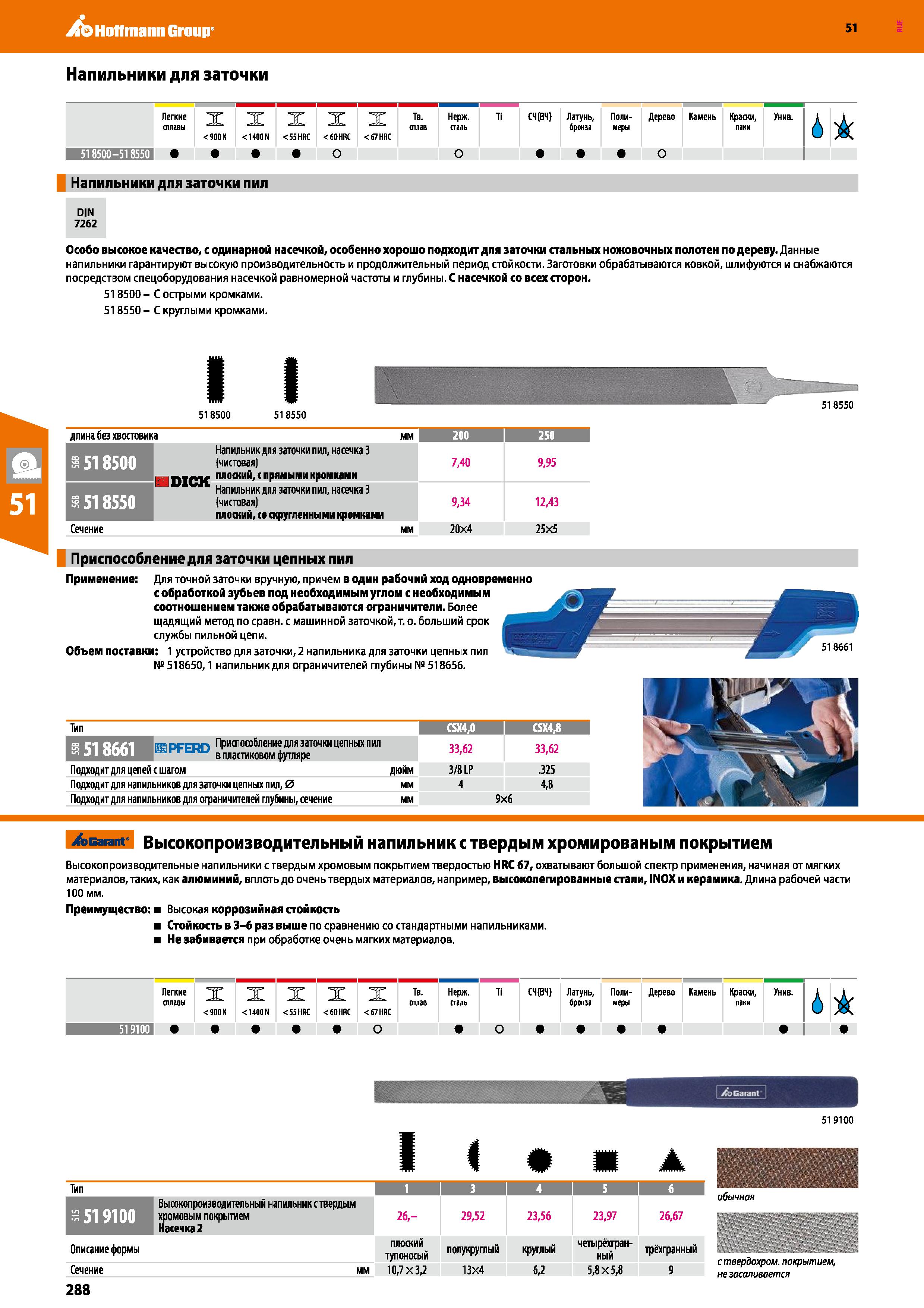 288 Hoffmann Group 51 Напильники для заточки Легкие сплавы X 900 N X 1400 N X 55 HRC X 60 HRC X Тв- сплав 67 HRC Нерж сталь Ti СЧ(ВЧ) Латунь, бронза Каталог HOFFMANN GROUP 2020 Измерительный и ручной инструмент Инвентарь Абразивы Шлифовальные и отрезные круги Электроинструмент Пневмоинструмент Штангенциркули Стр. 288