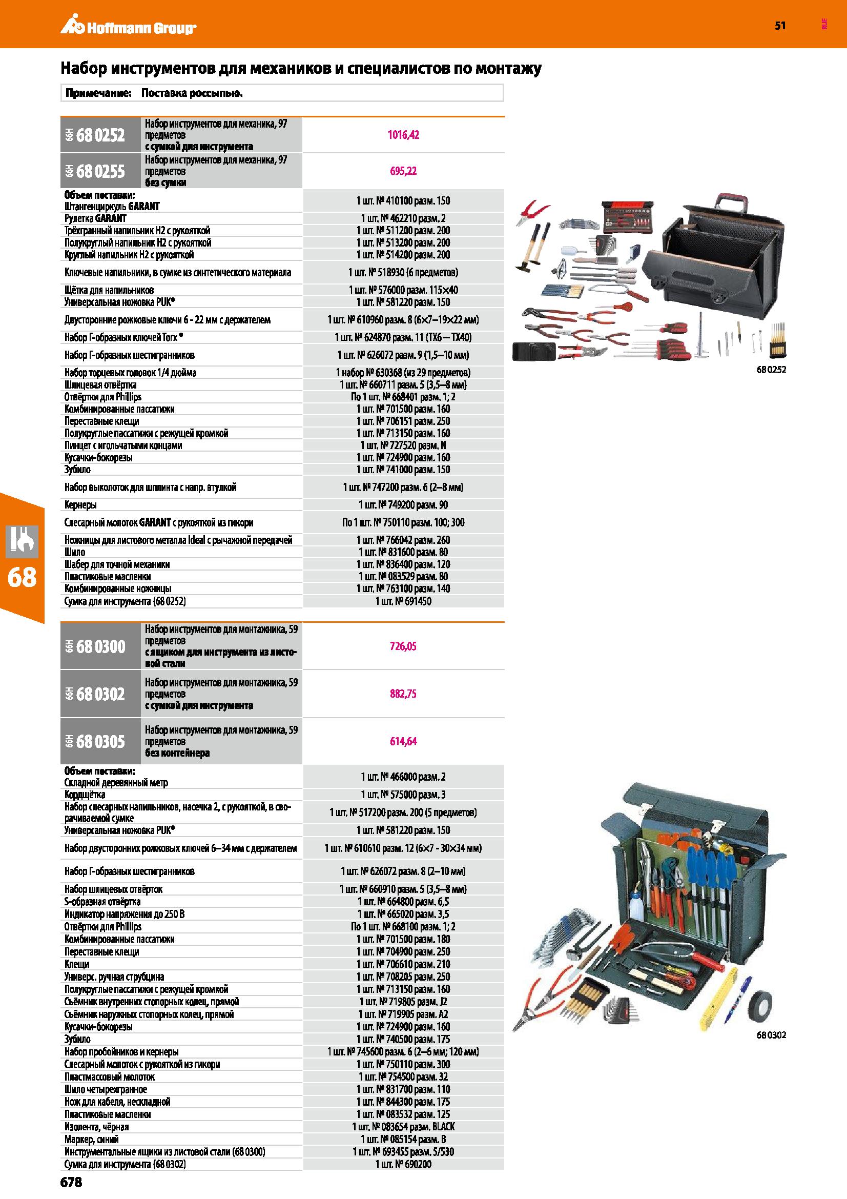 678 9 Hoflmann Group1 51 Набор инструментов для механиков и специалистов по монтажу Примечание: Поставка россыпью 680252 Набор инструментов для механ Каталог HOFFMANN GROUP 2020 Измерительный и ручной инструмент Инвентарь Абразивы Шлифовальные и отрезные круги Электроинструмент Пневмоинструмент Штангенциркули Стр. 678