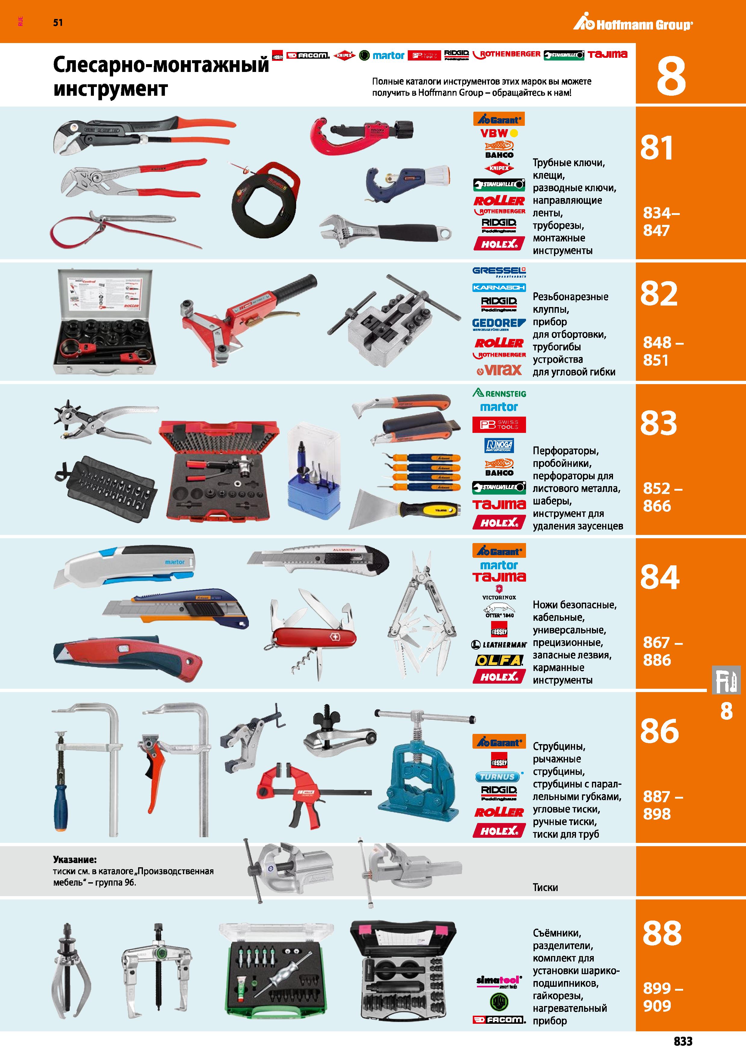 833 Слесарно-монтажный инструмент W в L -1-iL-i-liil 1 ) martor I RIDGID VJ OTHENBERGER L талта Полные каталоги инструментов этих марок вы можете пол Каталог HOFFMANN GROUP 2020 Измерительный и ручной инструмент Инвентарь Абразивы Шлифовальные и отрезные круги Электроинструмент Пневмоинструмент Штангенциркули Стр. 833