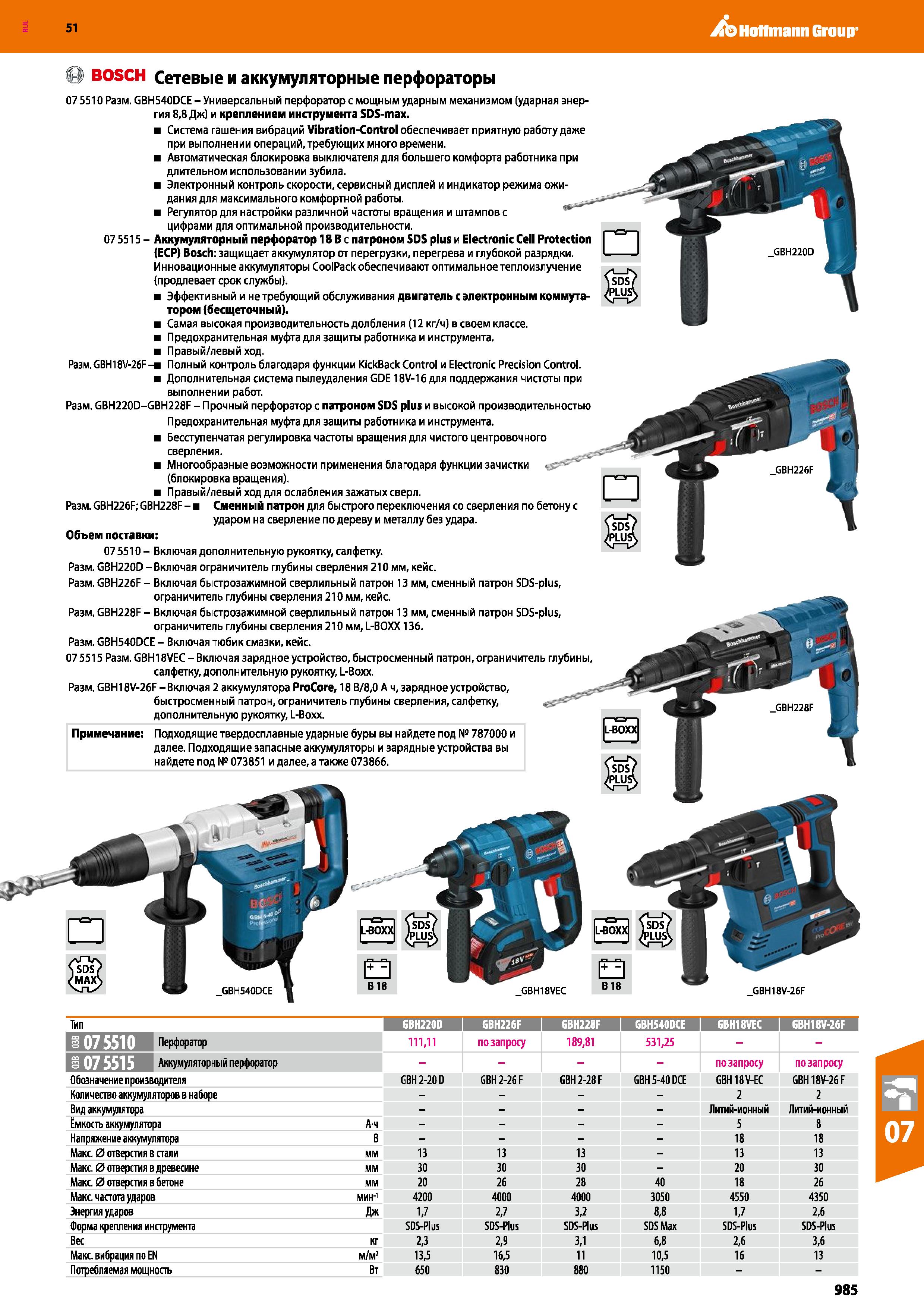 985 Hoffmann Group 51 Q BOSCH Сетевые и аккумуляторные перфораторы 075510 Разм GBH540DCE-Универсальный перфоратор с мощным ударным механизмом (ударна Каталог HOFFMANN GROUP 2020 Измерительный и ручной инструмент Инвентарь Абразивы Шлифовальные и отрезные круги Электроинструмент Пневмоинструмент Штангенциркули Стр. 985