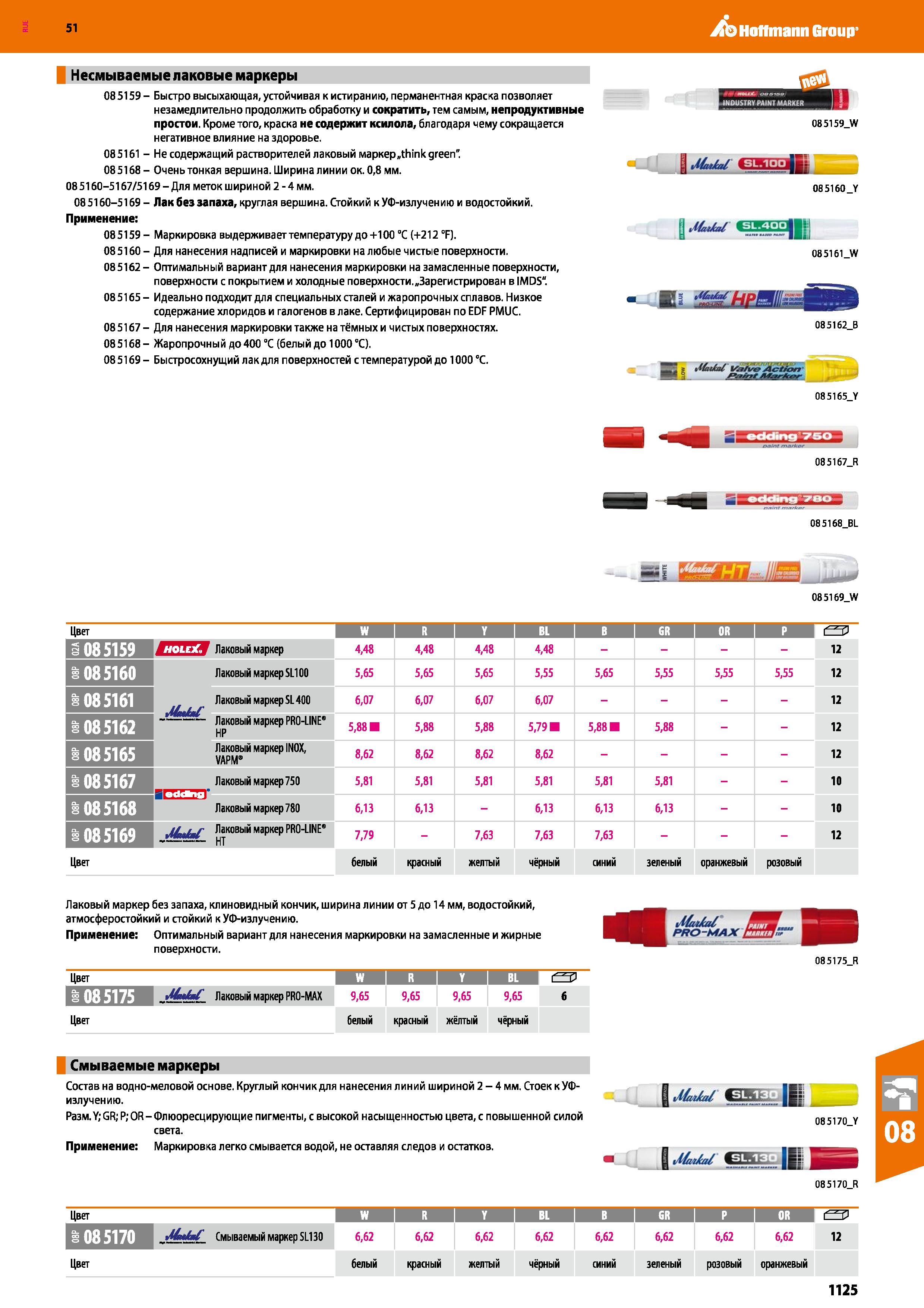 1125 Hoffmann Group 51 Несмываемые лаковые маркеры 08 5159 - Быстро высыхающая, устойчивая к истиранию, перманентная краска позволяет незамедлительно Каталог HOFFMANN GROUP 2020 Измерительный и ручной инструмент Инвентарь Абразивы Шлифовальные и отрезные круги Электроинструмент Пневмоинструмент Штангенциркули Стр. 1125