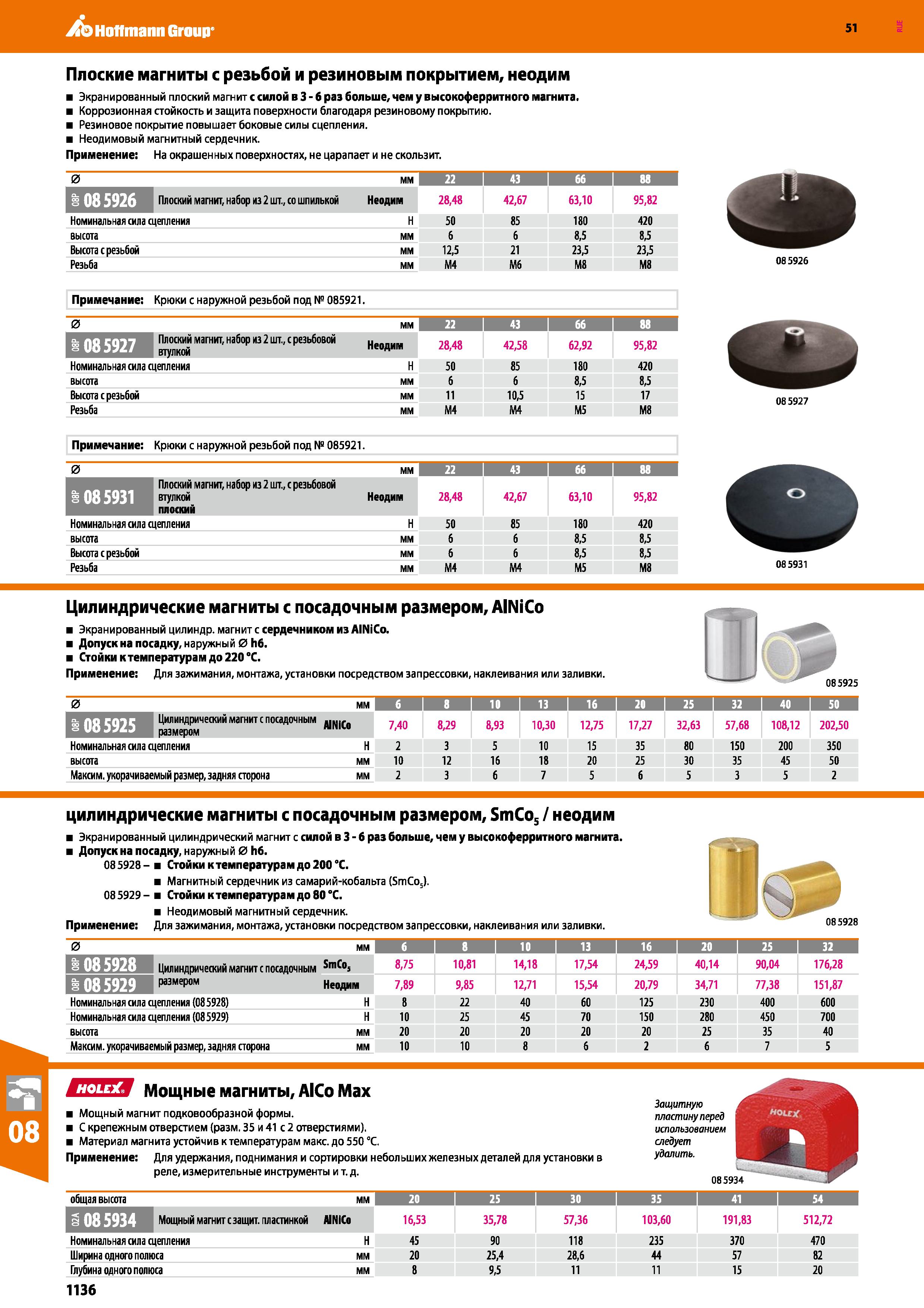 1136 Hoffmann Group 51 Плоские магниты с резьбой и резиновым покрытием, неодим Экранированный плоский магнит с силой в 3 - б раз больше, чем у высокоф Каталог HOFFMANN GROUP 2020 Измерительный и ручной инструмент Инвентарь Абразивы Шлифовальные и отрезные круги Электроинструмент Пневмоинструмент Штангенциркули Стр. 1136
