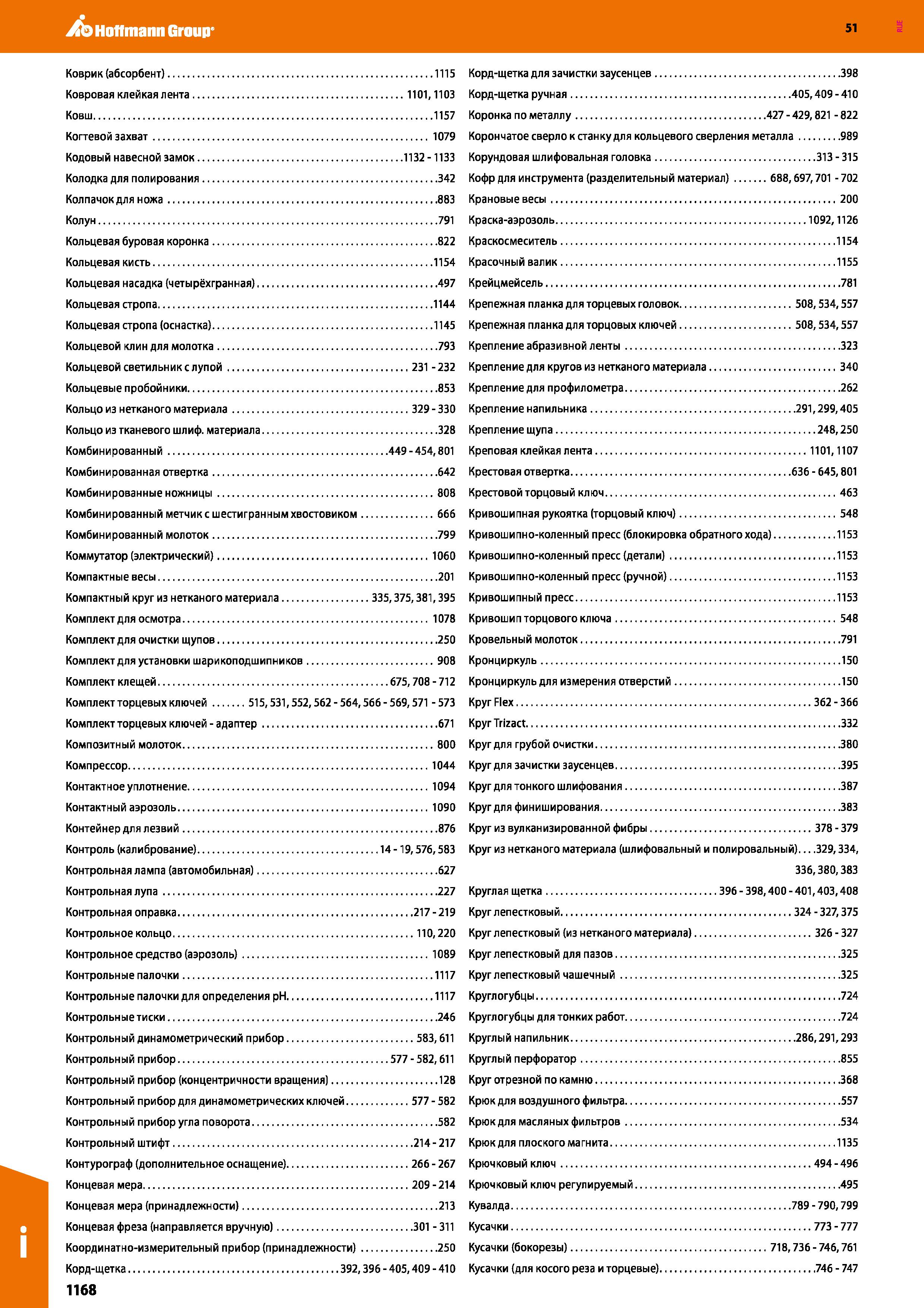 1168 Hoffmann Group 51 Коврик (абсорбент) 1115 Ковровая клейкая лента 1101,1103 Ковш 1157 Когтевой захват 1079 Кодовый навесной замок 1132 -1133 Колод Каталог HOFFMANN GROUP 2020 Измерительный и ручной инструмент Инвентарь Абразивы Шлифовальные и отрезные круги Электроинструмент Пневмоинструмент Штангенциркули Стр. 1168