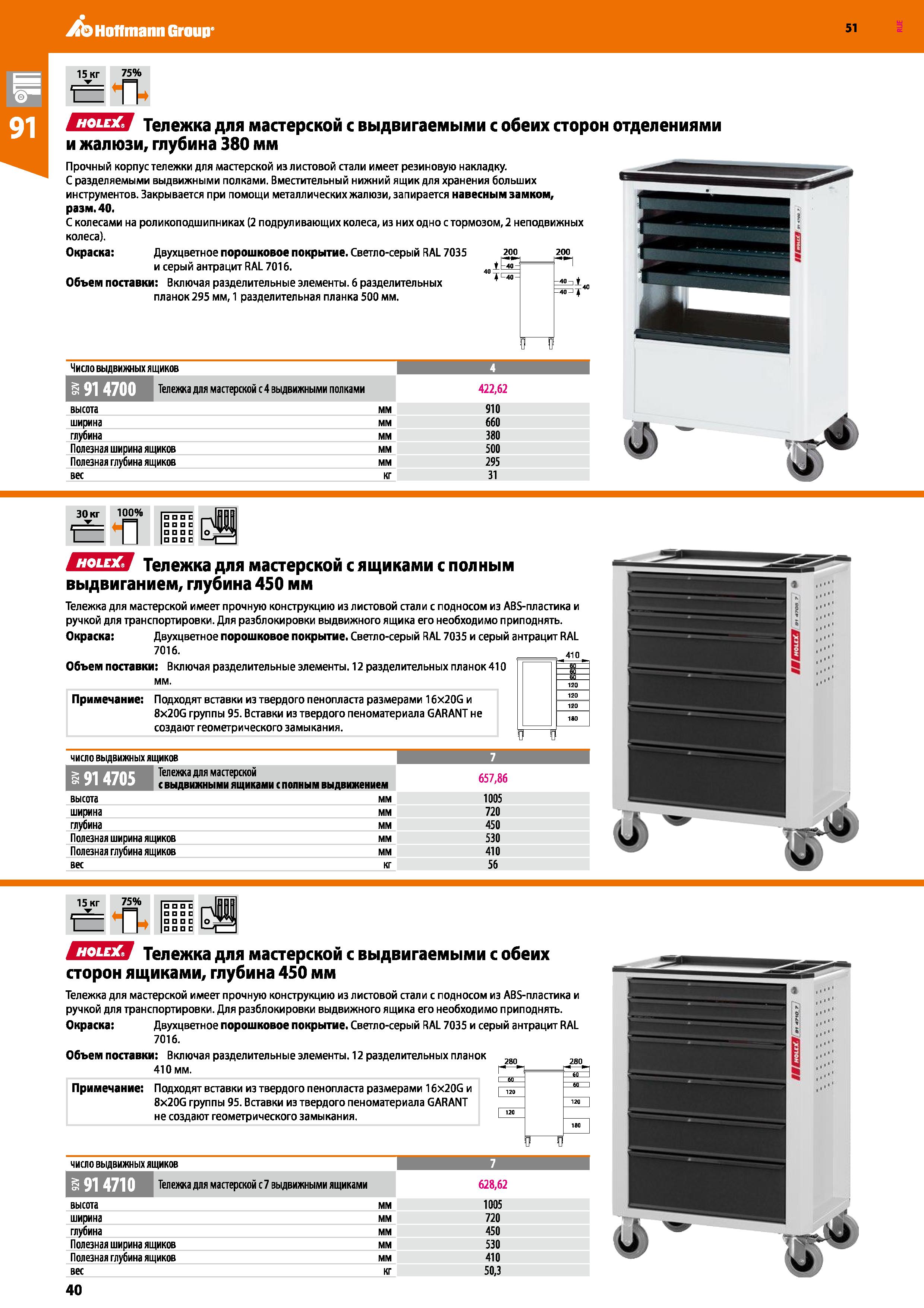 40 Hoffmann Group 51 15 кг 75% t п ЕПШЯ Тележка для мастерской с выдвигаемыми с обеих сторон отделениями и жалюзи, глубина 380 мм Прочный корпус тел Каталог HOFFMANN GROUP 2020 Промышленная мебель и складское оборудование для производств Системы хранения и транспортировки Тележки и шкафы для инструментов Стр. 40