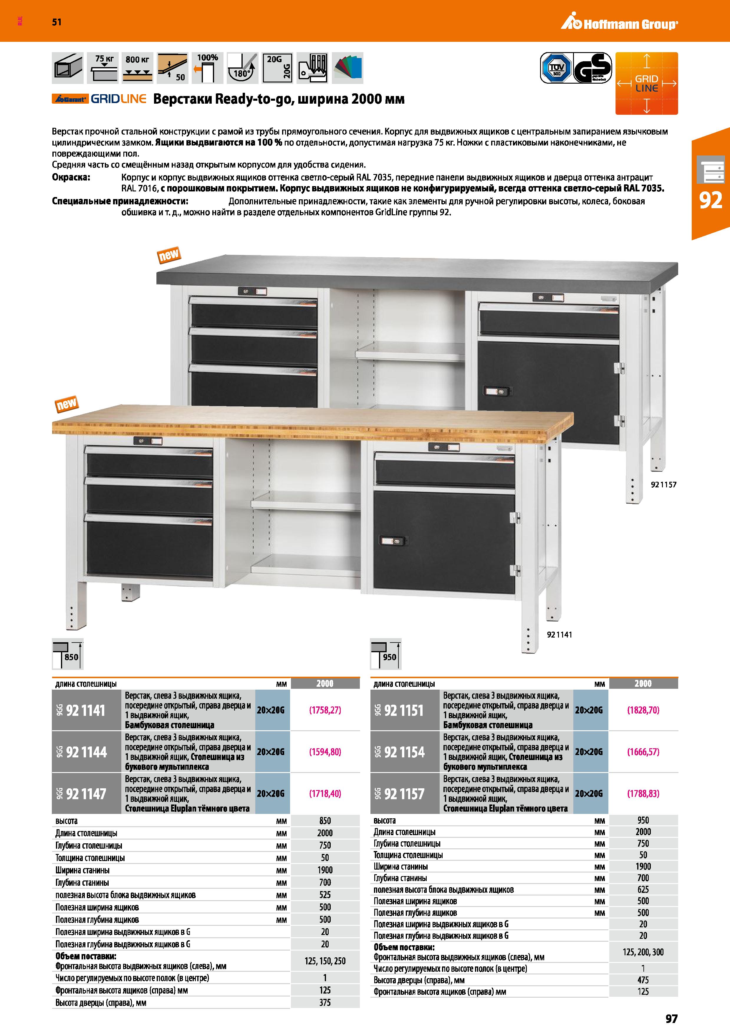 97 Hoffmann Group 51 75 кг 800 кг 100% ±±± к п 20G Ав т,- grid ing Верстаки Ready-to-go, ширина 2000 мм Верстак прочной стальной конструкции с рамой Каталог HOFFMANN GROUP 2020 Промышленная мебель и складское оборудование для производств Системы хранения и транспортировки Тележки и шкафы для инструментов Стр. 97