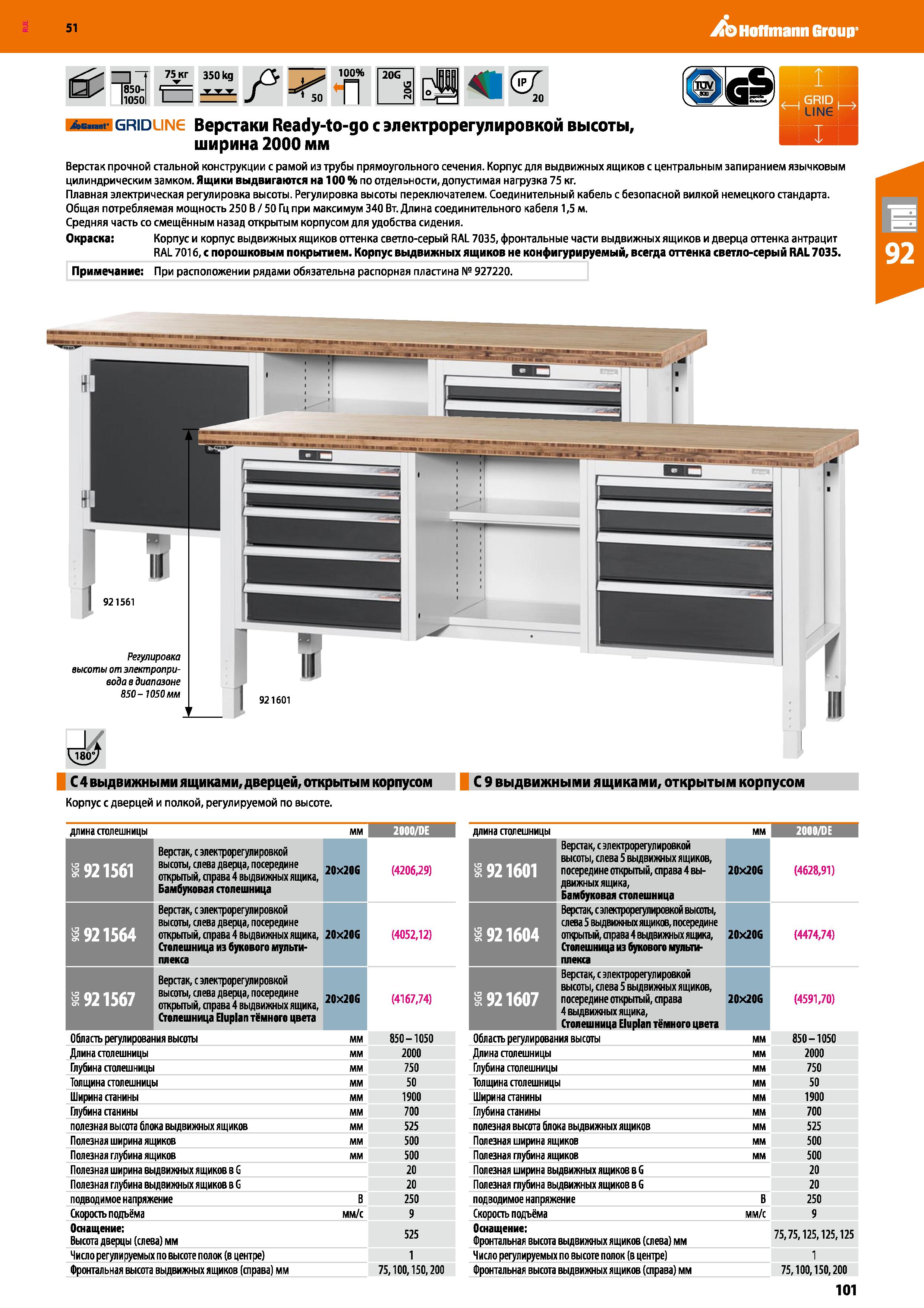 101 Hoffmann Group 51 -I “Г 75Kr 350kg /X ’££% 20G 20 AG n t GRiDUN Верстаки Ready-to-go с электрорегулировкой высоты, ширина 2000 мм , , GRID I ч —I Каталог HOFFMANN GROUP 2020 Промышленная мебель и складское оборудование для производств Системы хранения и транспортировки Тележки и шкафы для инструментов Стр. 101