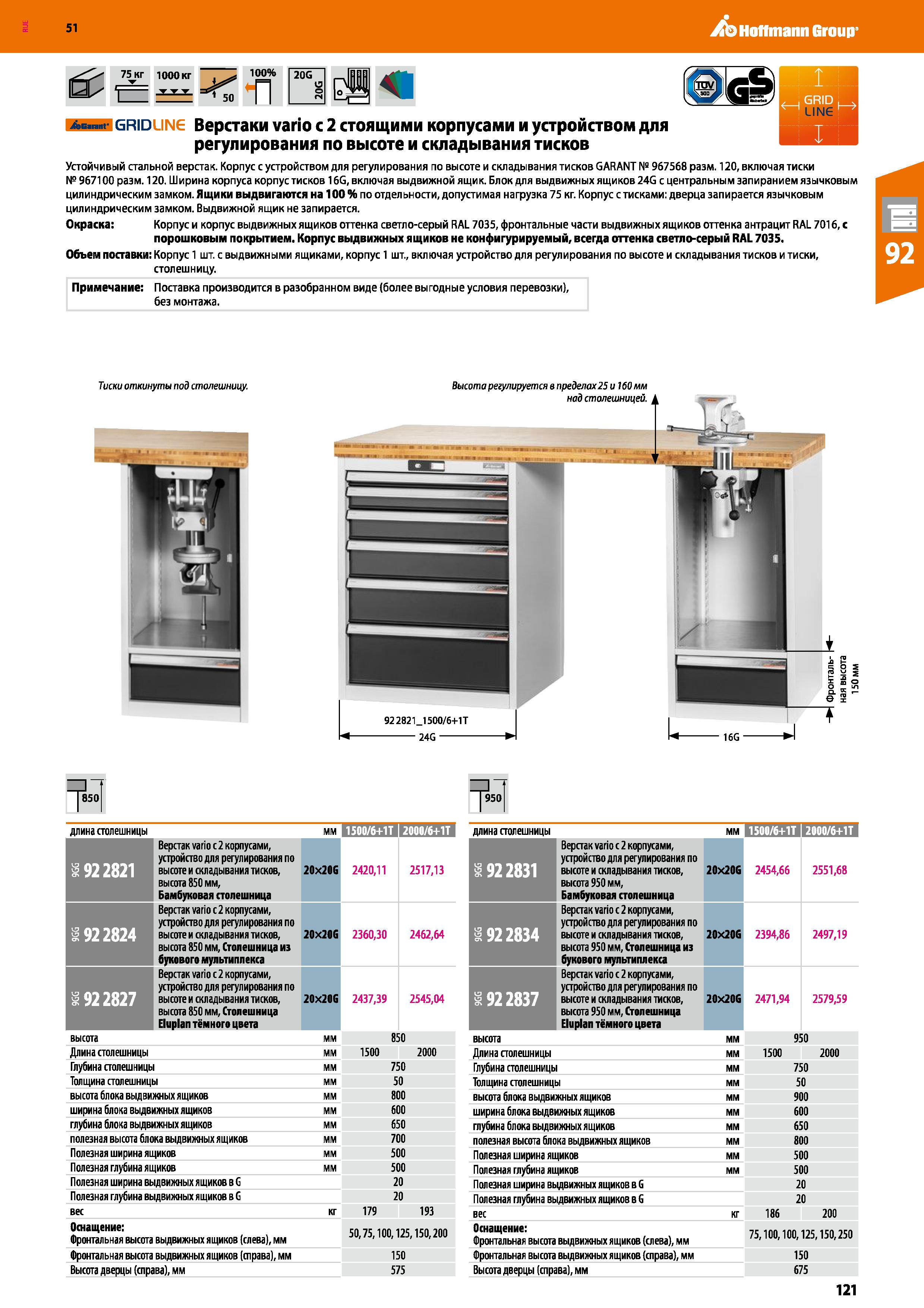 121 Hoffmann Group 51 75 кг 1000 кг Т Т Т 50 100% п 20G , I GRID I ч Ав г grid ling Верстаки vario с 2 стоящими корпусами и устройством для регулиров Каталог HOFFMANN GROUP 2020 Промышленная мебель и складское оборудование для производств Системы хранения и транспортировки Тележки и шкафы для инструментов Стр. 121