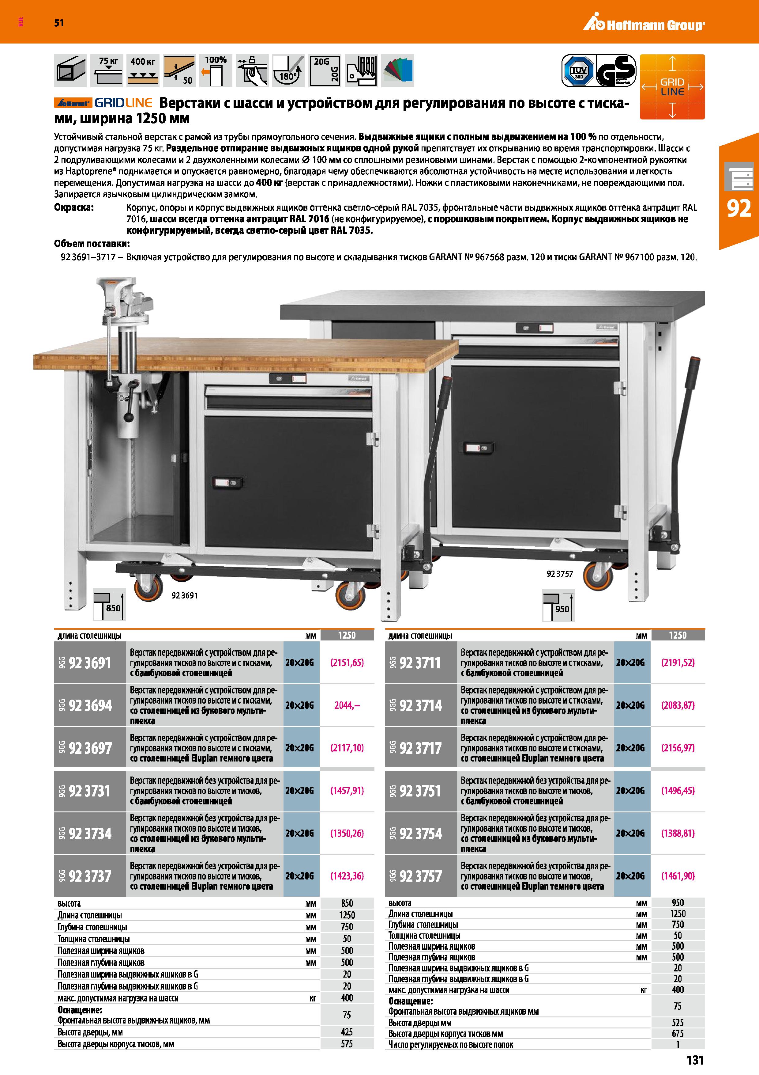 131 Hoffmann Group 51 75 кг 400 кг Т Т Т 50 100% п 20G , , GRID I ч Ав г grid ling Верстаки с шасси и устройством для регулирования по высоте с тиска Каталог HOFFMANN GROUP 2020 Промышленная мебель и складское оборудование для производств Системы хранения и транспортировки Тележки и шкафы для инструментов Стр. 131