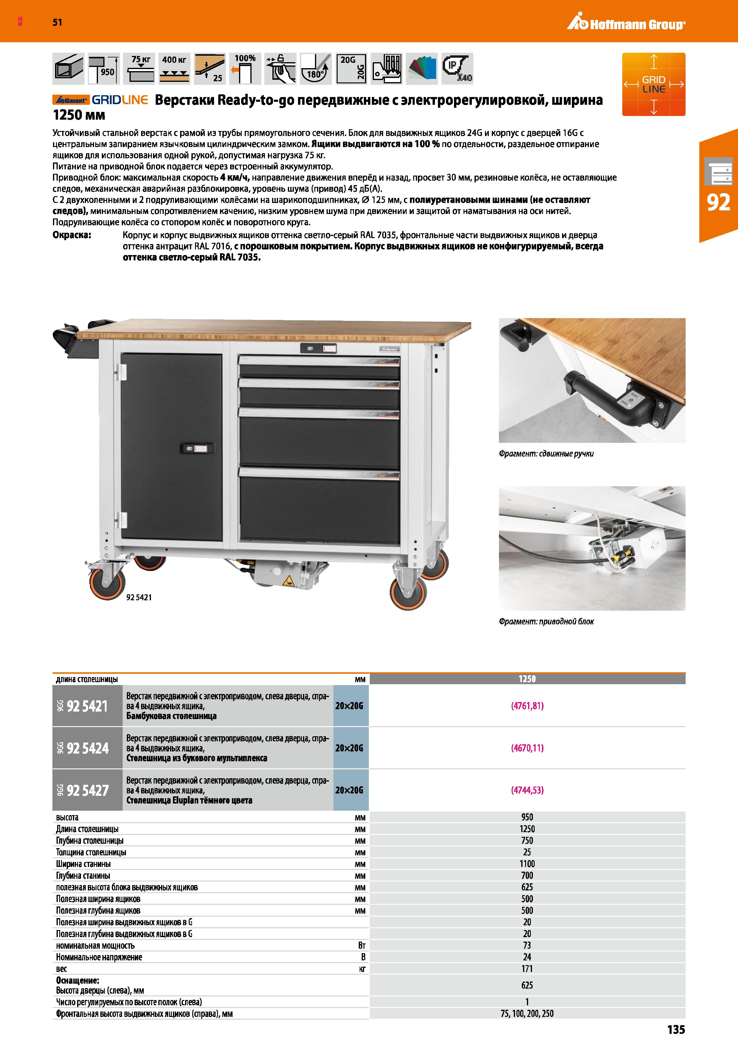 135 Hoffmann Group 51 75 кг 400 кг 25 100% п 20G Ас - grid line Верстаки Ready-to-go передвижные с электрорегулировкой, ширина 1250 мм Устойчивый ста Каталог HOFFMANN GROUP 2020 Промышленная мебель и складское оборудование для производств Системы хранения и транспортировки Тележки и шкафы для инструментов Стр. 135