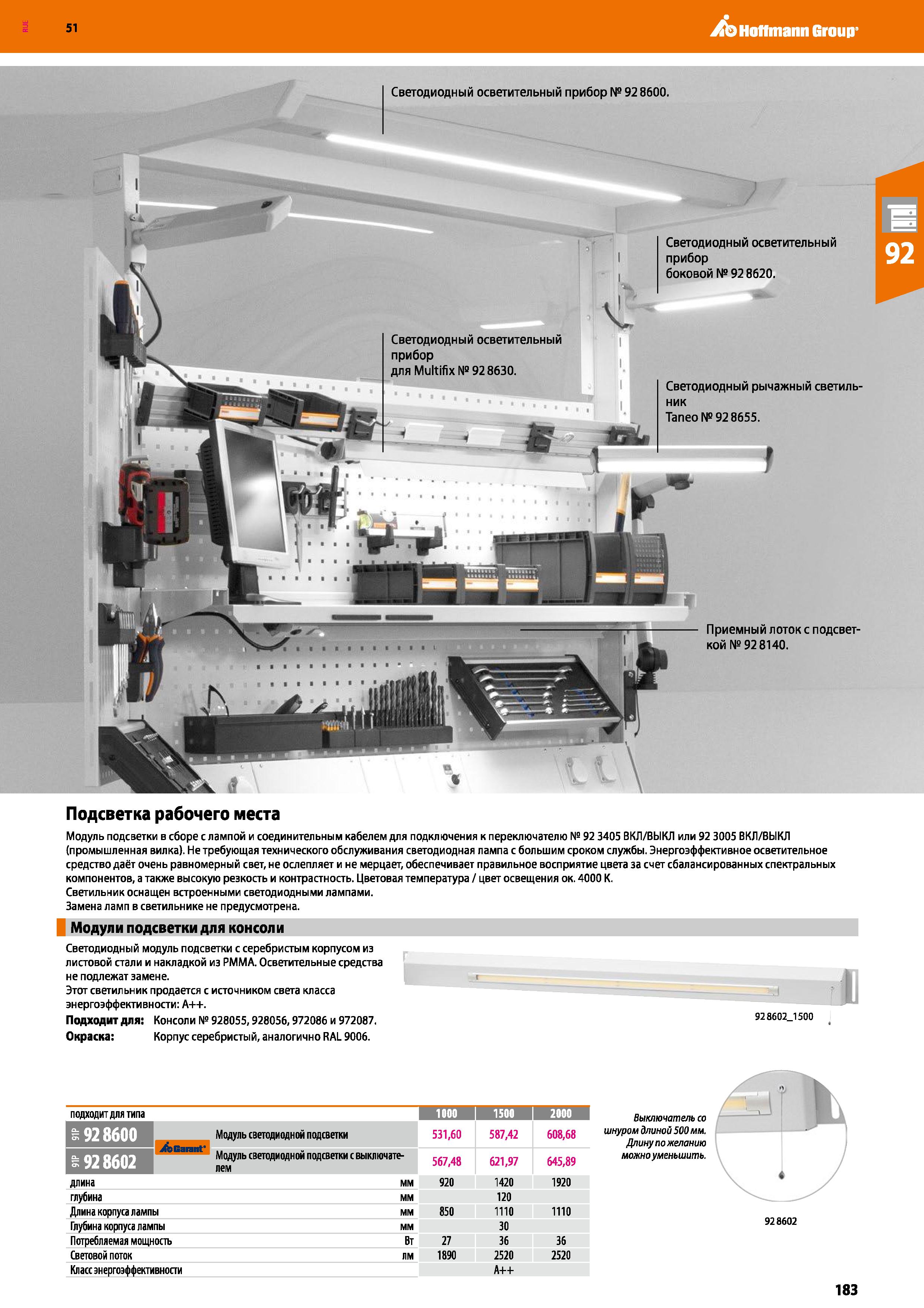 183 51 ХЬ Hoffmann Group Светодиодный осветительный прибор для Multifix №92 8630 ST- Светодиодный осветительный прибор боковой № 92 8620 Светодиодный Каталог HOFFMANN GROUP 2020 Промышленная мебель и складское оборудование для производств Системы хранения и транспортировки Тележки и шкафы для инструментов Стр. 183