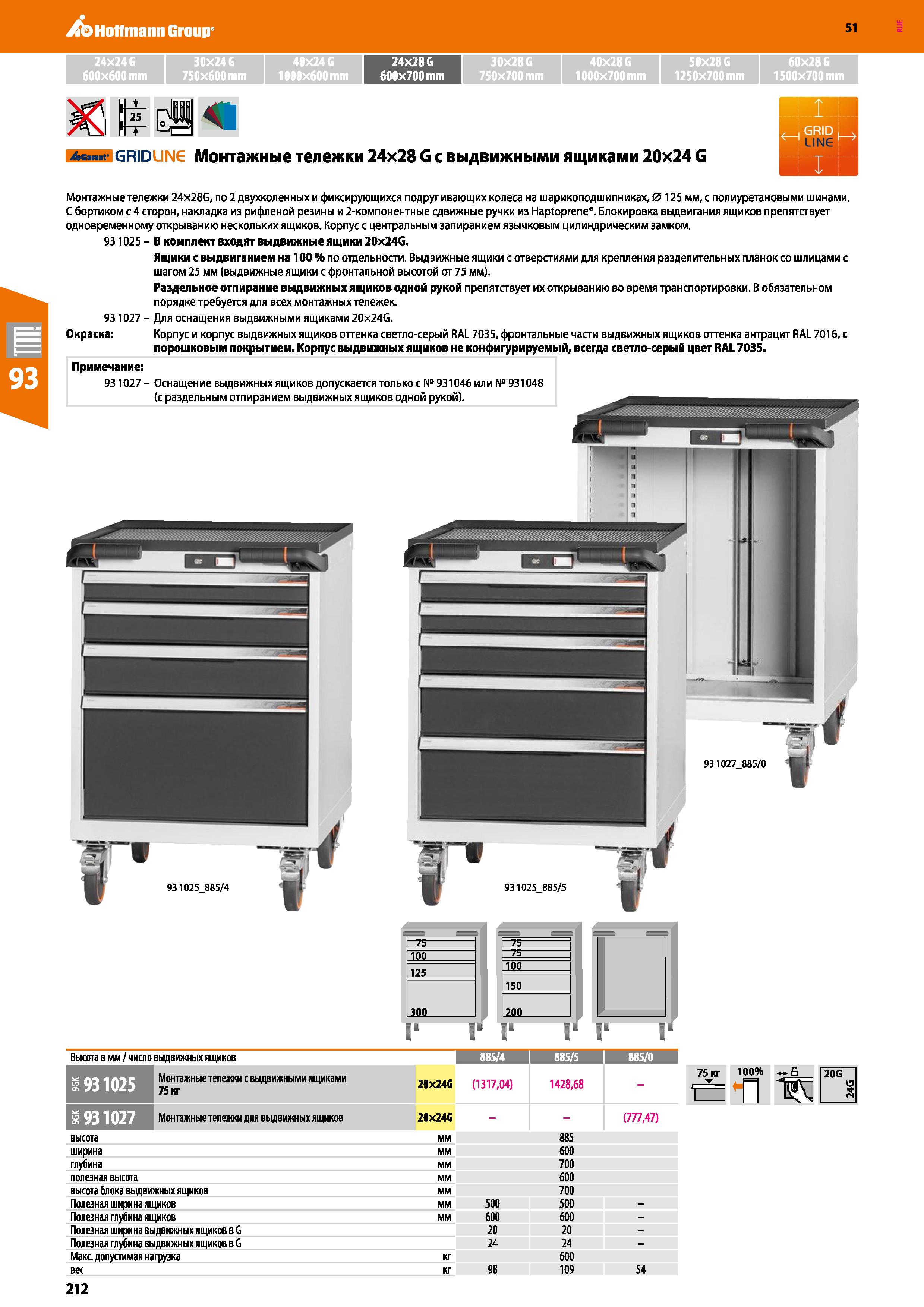 212 Hoffmann Group 51 24x24 G 30x24 G 40x24 G 24x28 G 30x28G 40x28 G 50x28G 60x28G 600x600 mm 750x600 mm 1000x600 mm 600x700 mm 750x700 mm 1000x700 m Каталог HOFFMANN GROUP 2020 Промышленная мебель и складское оборудование для производств Системы хранения и транспортировки Тележки и шкафы для инструментов Стр. 212