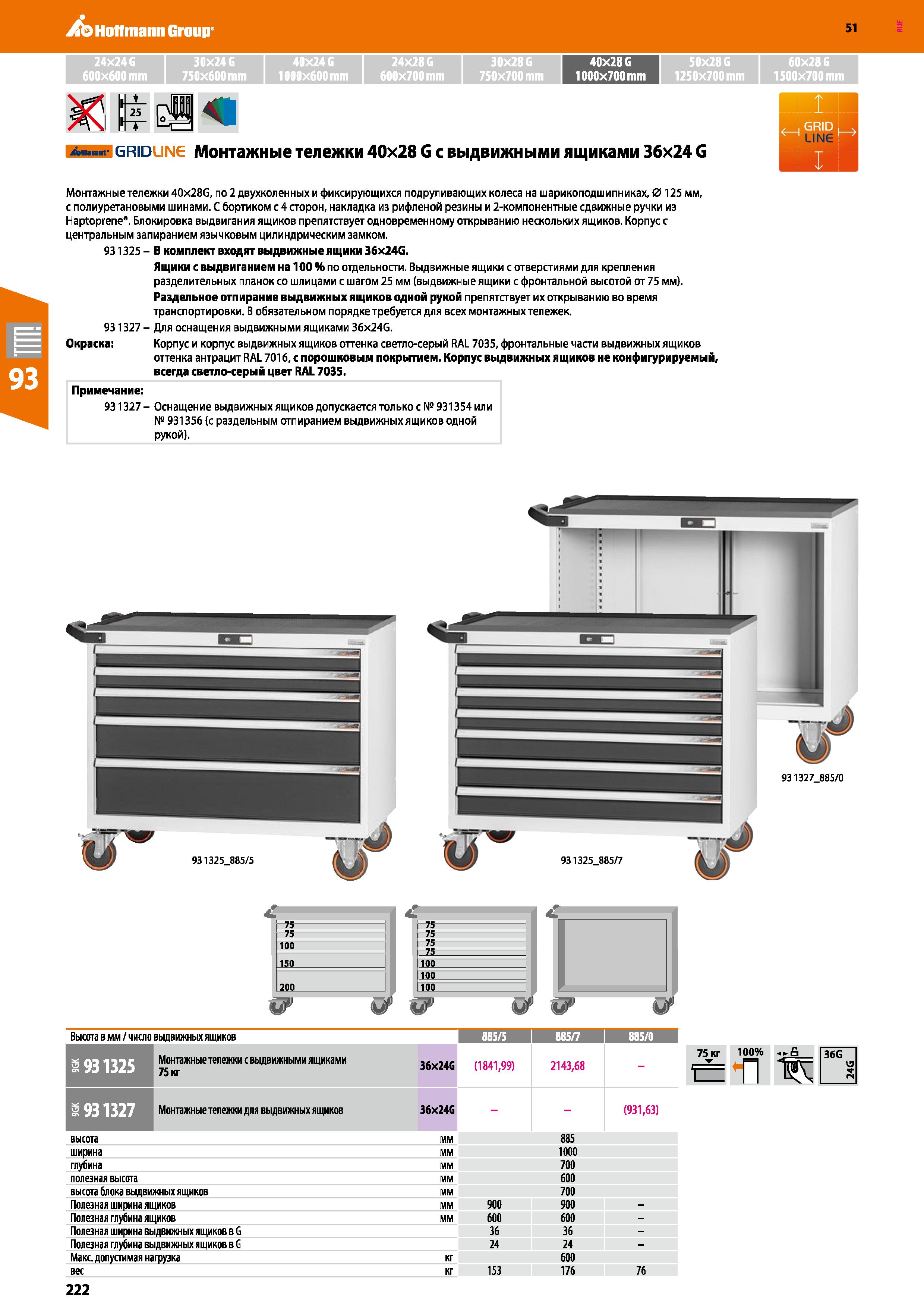 222 Hoffmann Group 51 24x24 G 30x24 G 40x24 G 24x28 G 30x28G 40x28 G 50x28G 60x28G 600x600 mm 750x600 mm 1000x600 mm 600x700 mm 750x700 mm 1000x700 m Каталог HOFFMANN GROUP 2020 Промышленная мебель и складское оборудование для производств Системы хранения и транспортировки Тележки и шкафы для инструментов Стр. 222