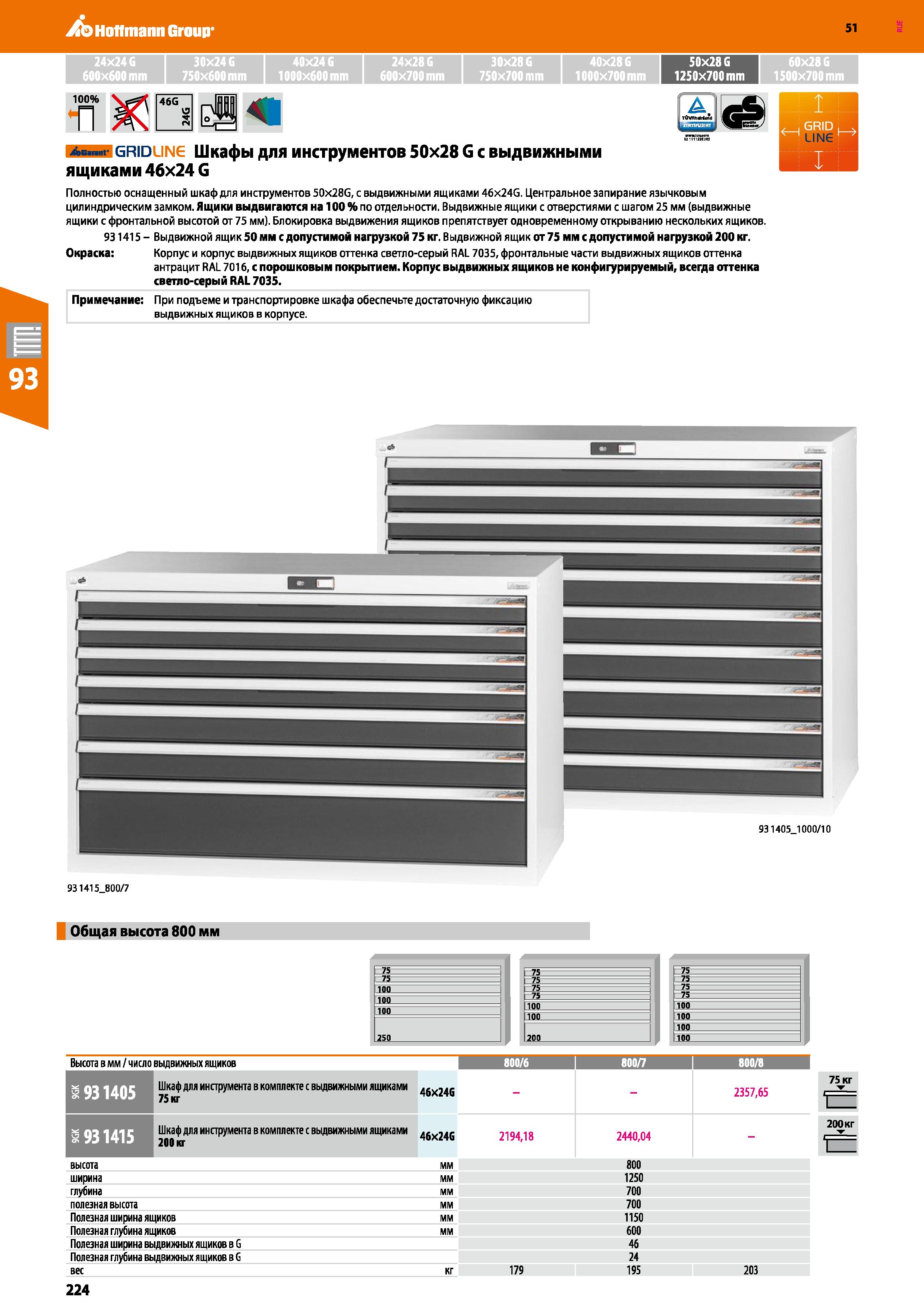 224 Hoffmann Group 51 24x24 G 30x24 G 40x24 G 24x28 G 30x28G 40x28 G 50x28G 60x28G 600x600 mm 750x600 mm 1000x600 mm 600x700 mm 750x700 mm 1000x700 m Каталог HOFFMANN GROUP 2020 Промышленная мебель и складское оборудование для производств Системы хранения и транспортировки Тележки и шкафы для инструментов Стр. 224