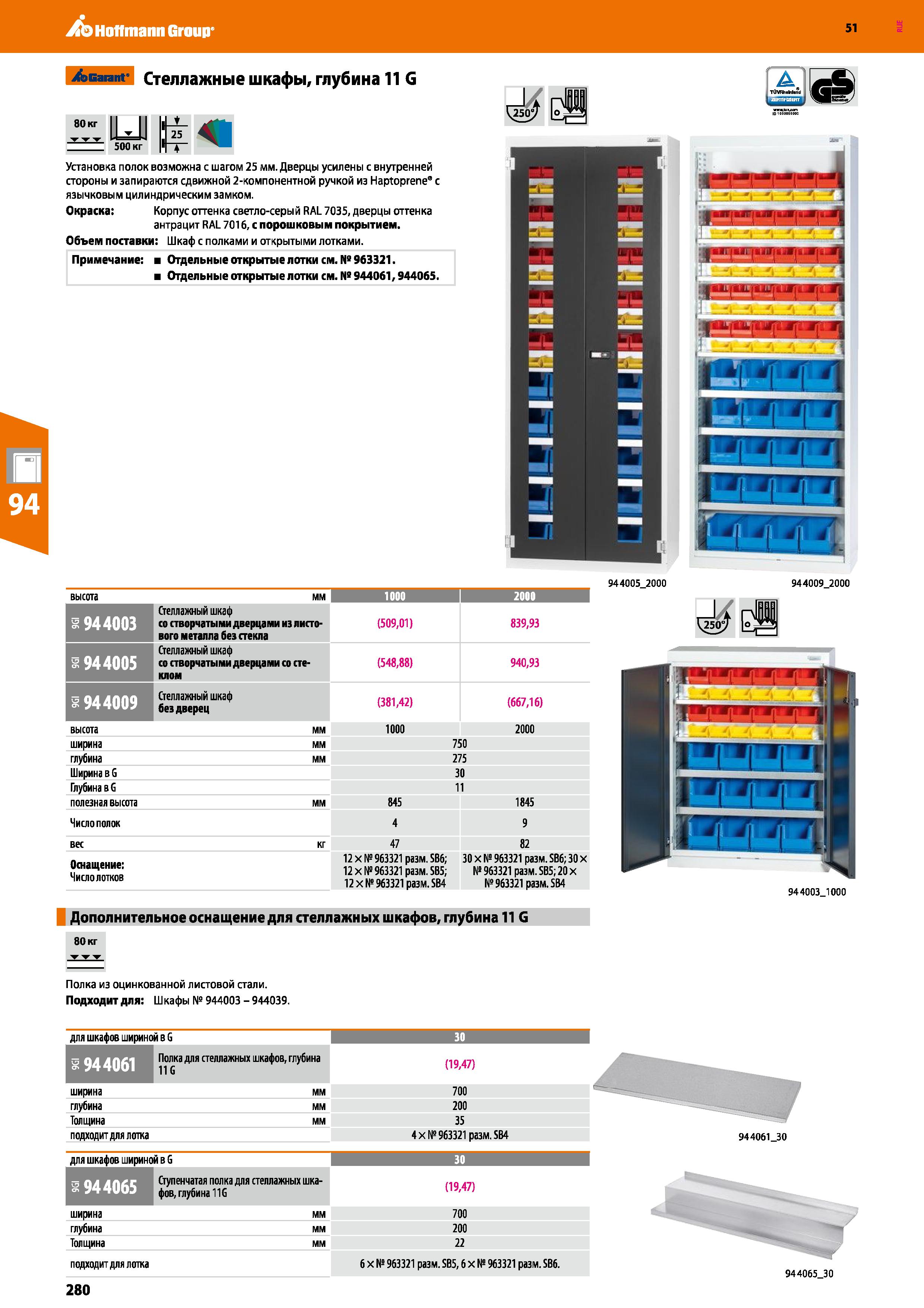 280 Hoffmann Group 51 /эвагапг Стеллажные шкафы, глубина 11 G LUJJ 500 кг Установка полок возможна с шагом 25 мм Дверцы усилены с внутренней стороны Каталог HOFFMANN GROUP 2020 Промышленная мебель и складское оборудование для производств Системы хранения и транспортировки Тележки и шкафы для инструментов Стр. 280