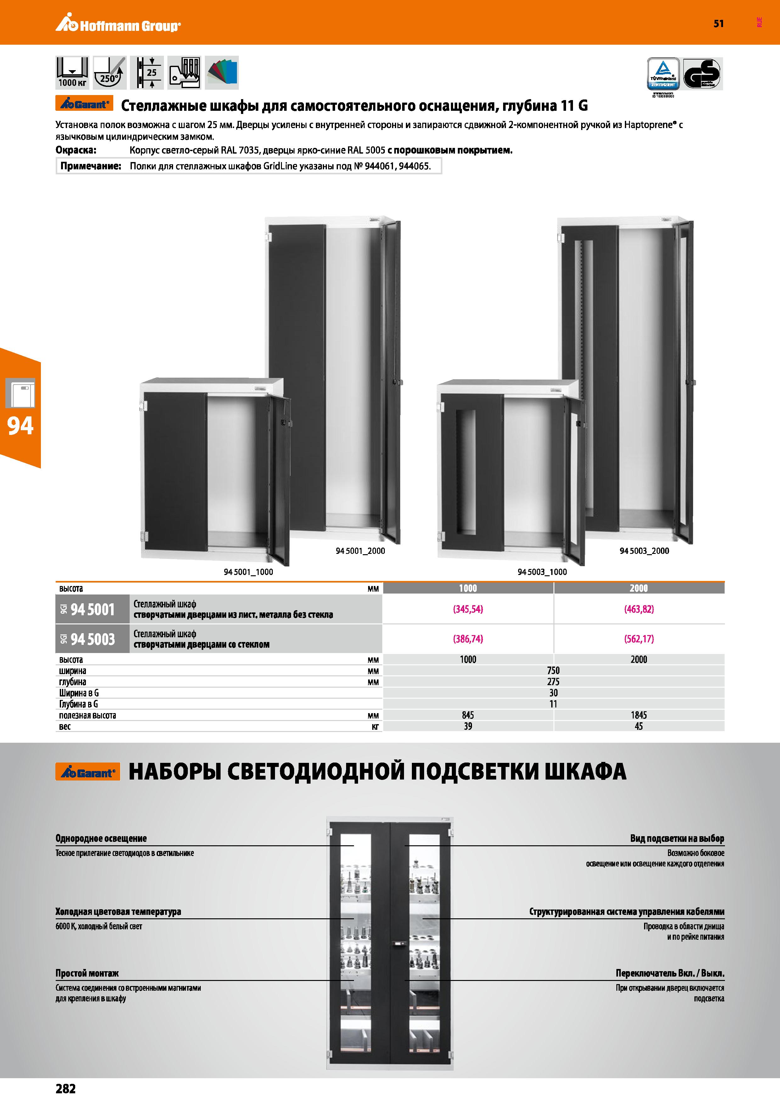 282 Hoffmann Group 51 A Garant Стеллажные шкафы для самостоятельного оснащения, глубина 11 G Установка полок возможна с шагом 25 мм Дверцы усилены с Каталог HOFFMANN GROUP 2020 Промышленная мебель и складское оборудование для производств Системы хранения и транспортировки Тележки и шкафы для инструментов Стр. 282