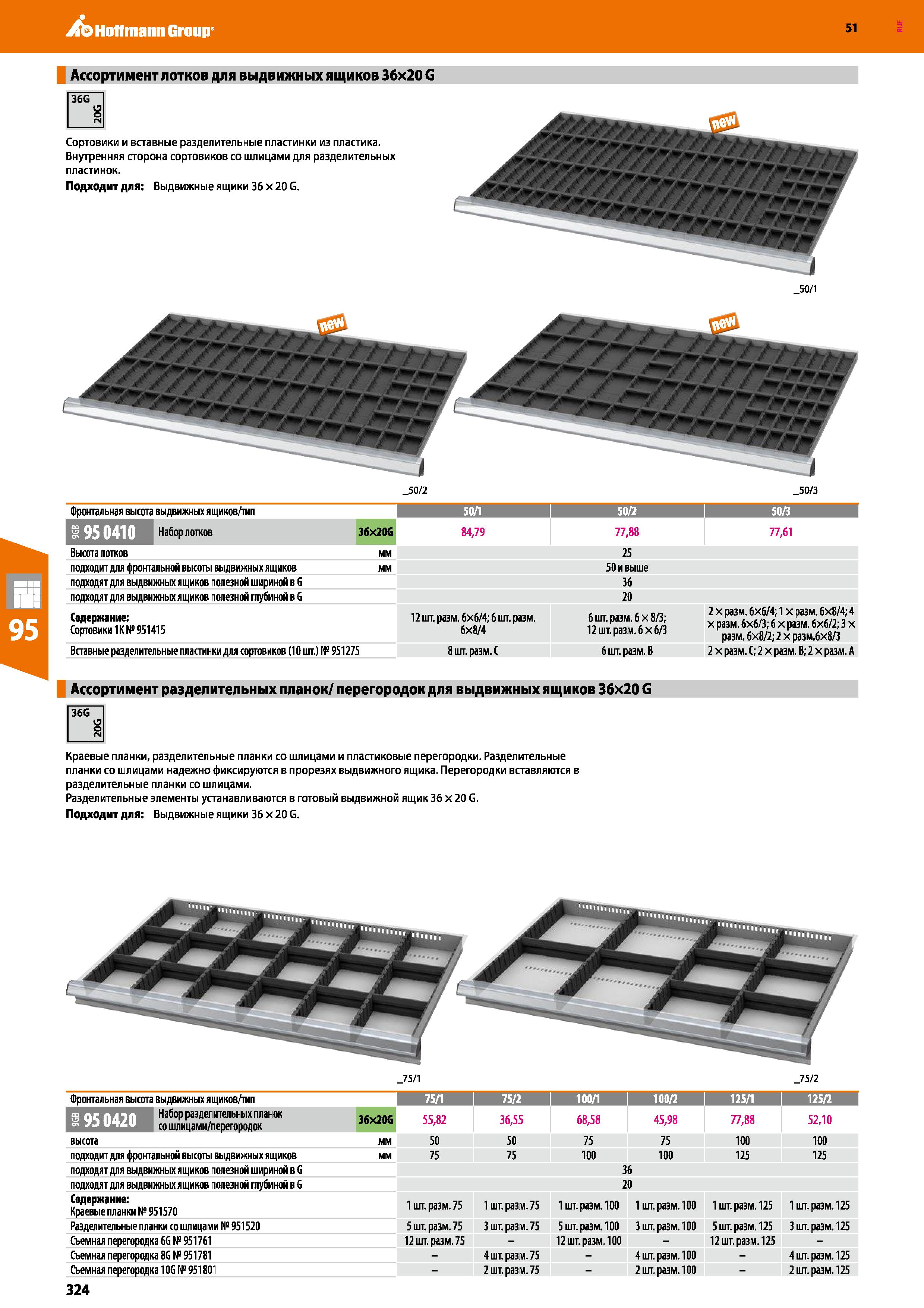 324 Hoffmann Group 51 Ассортимент лотков для выдвижных ящиков 36x20 G 36G О о ГЧ Сортовики и вставные разделительные пластинки из пластика Внутренняя Каталог HOFFMANN GROUP 2020 Промышленная мебель и складское оборудование для производств Системы хранения и транспортировки Тележки и шкафы для инструментов Стр. 324