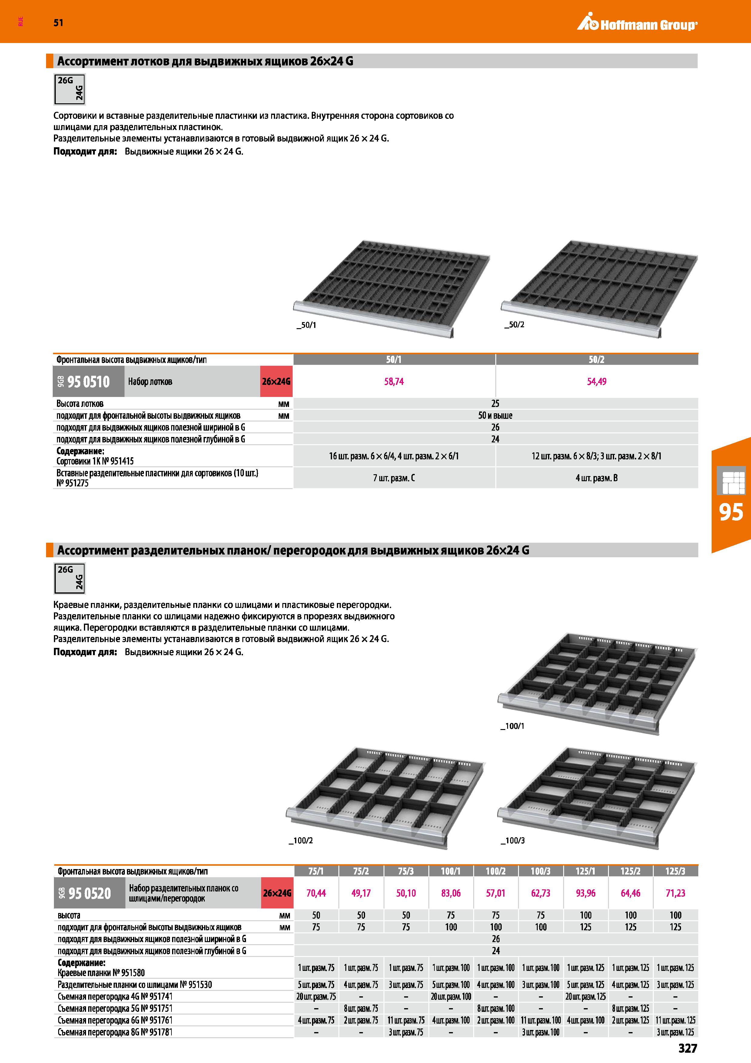 327 Hoffmann Group 51 Ассортимент лотков для выдвижных ящиков 26x24 G Сортовики и вставные разделительные пластинки из пластика Внутренняя сторона со Каталог HOFFMANN GROUP 2020 Промышленная мебель и складское оборудование для производств Системы хранения и транспортировки Тележки и шкафы для инструментов Стр. 327