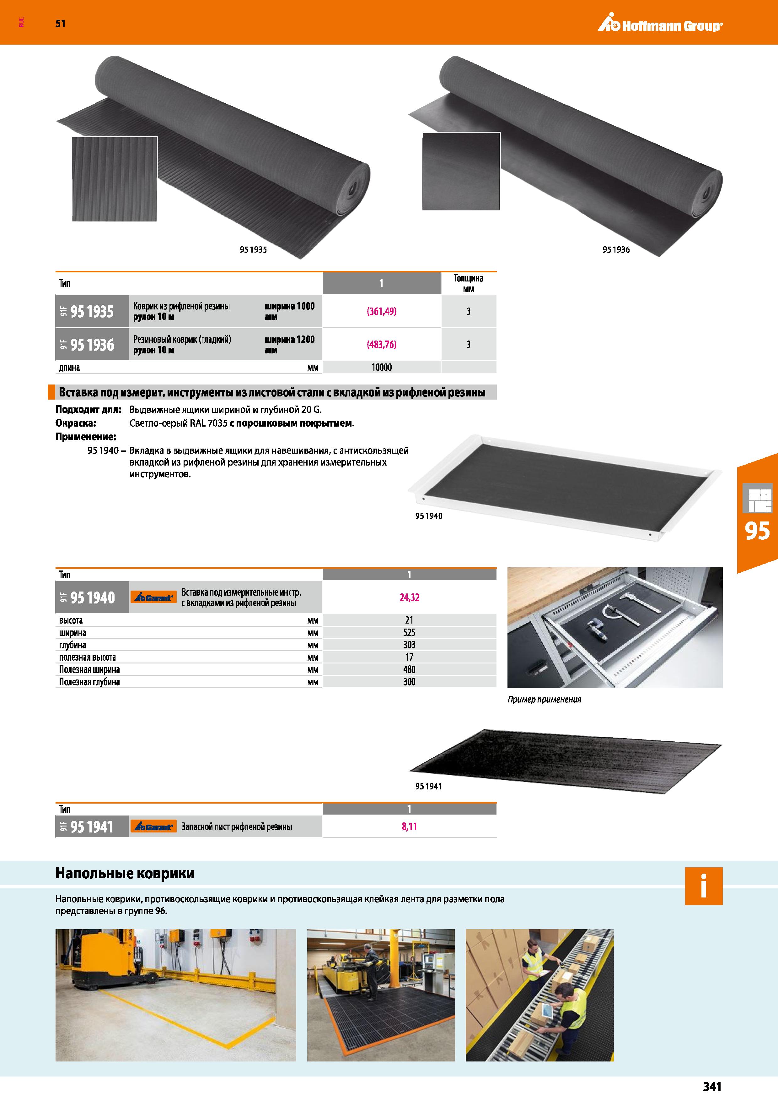341 Hoffmann Group 51 Тип 1 Толщина мм 935 Коврик из рифленой резины ширина 1000 рулон Юм мм (361,49) 3 5 936 Резиновый коврик (гладкий) ширина 1200 Каталог HOFFMANN GROUP 2020 Промышленная мебель и складское оборудование для производств Системы хранения и транспортировки Тележки и шкафы для инструментов Стр. 341