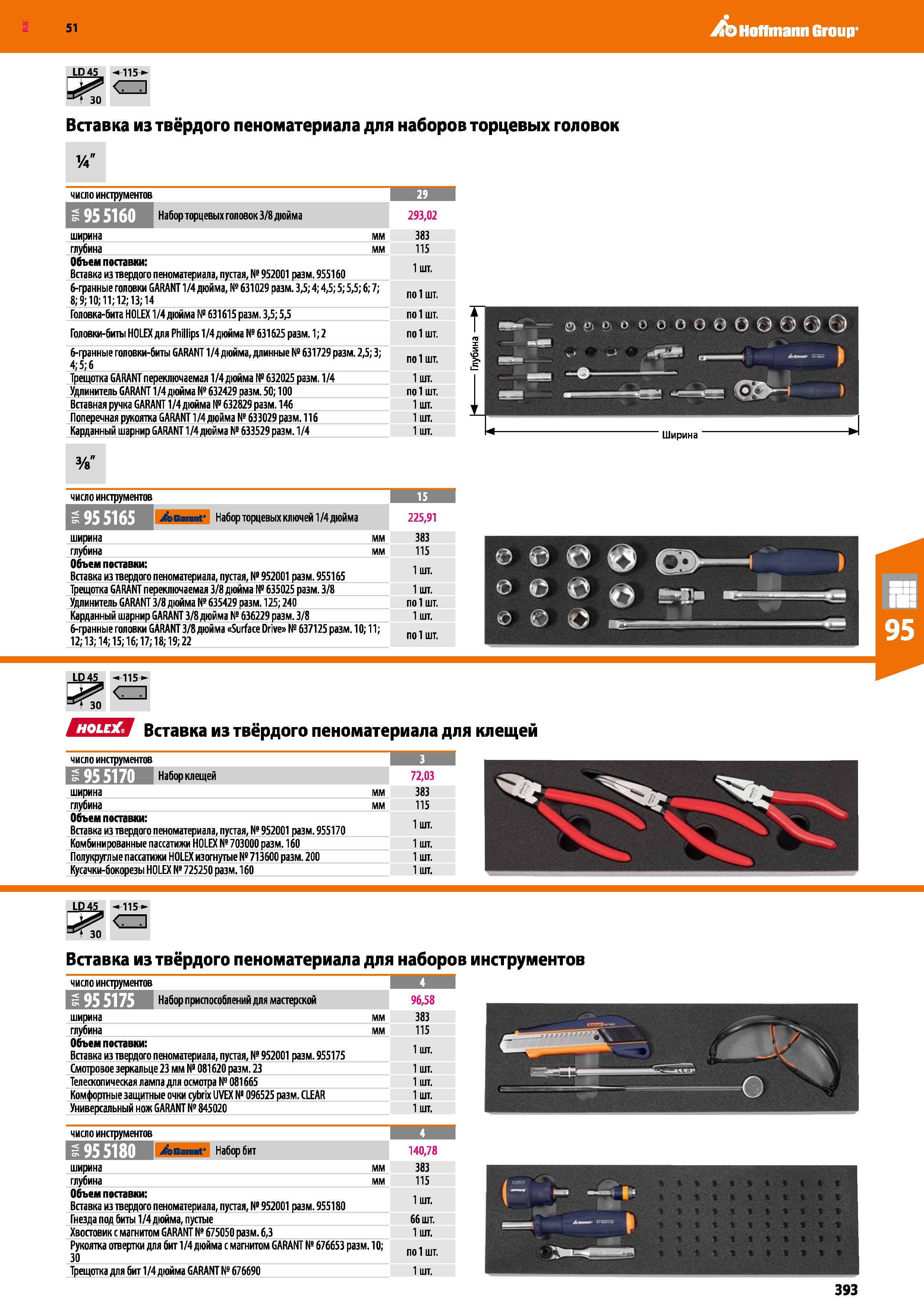 393 51 ,/b Hoffmann Group LD45 115 Вставка из твёрдого пеноматериала для наборов торцевых головок число инструментов Наборторцевых головок 3/8 дюйма Каталог HOFFMANN GROUP 2020 Промышленная мебель и складское оборудование для производств Системы хранения и транспортировки Тележки и шкафы для инструментов Стр. 393