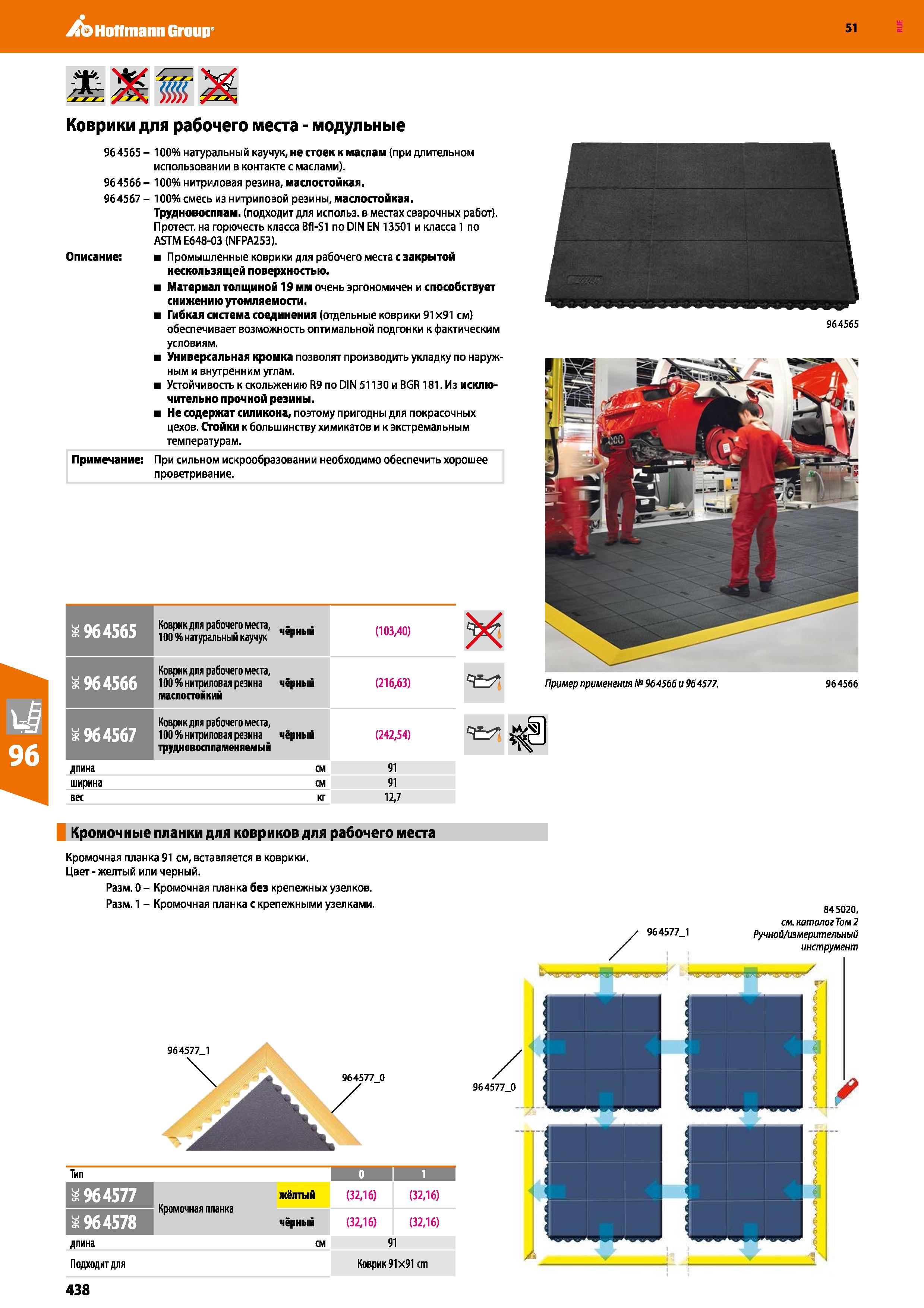 438 Hoffmann Group 51 Коврики для рабочего места - модульные 96 4565 - 100% натуральный каучук, не стоек к маслам (при длительном использовании в кон Каталог HOFFMANN GROUP 2020 Промышленная мебель и складское оборудование для производств Системы хранения и транспортировки Тележки и шкафы для инструментов Стр. 438