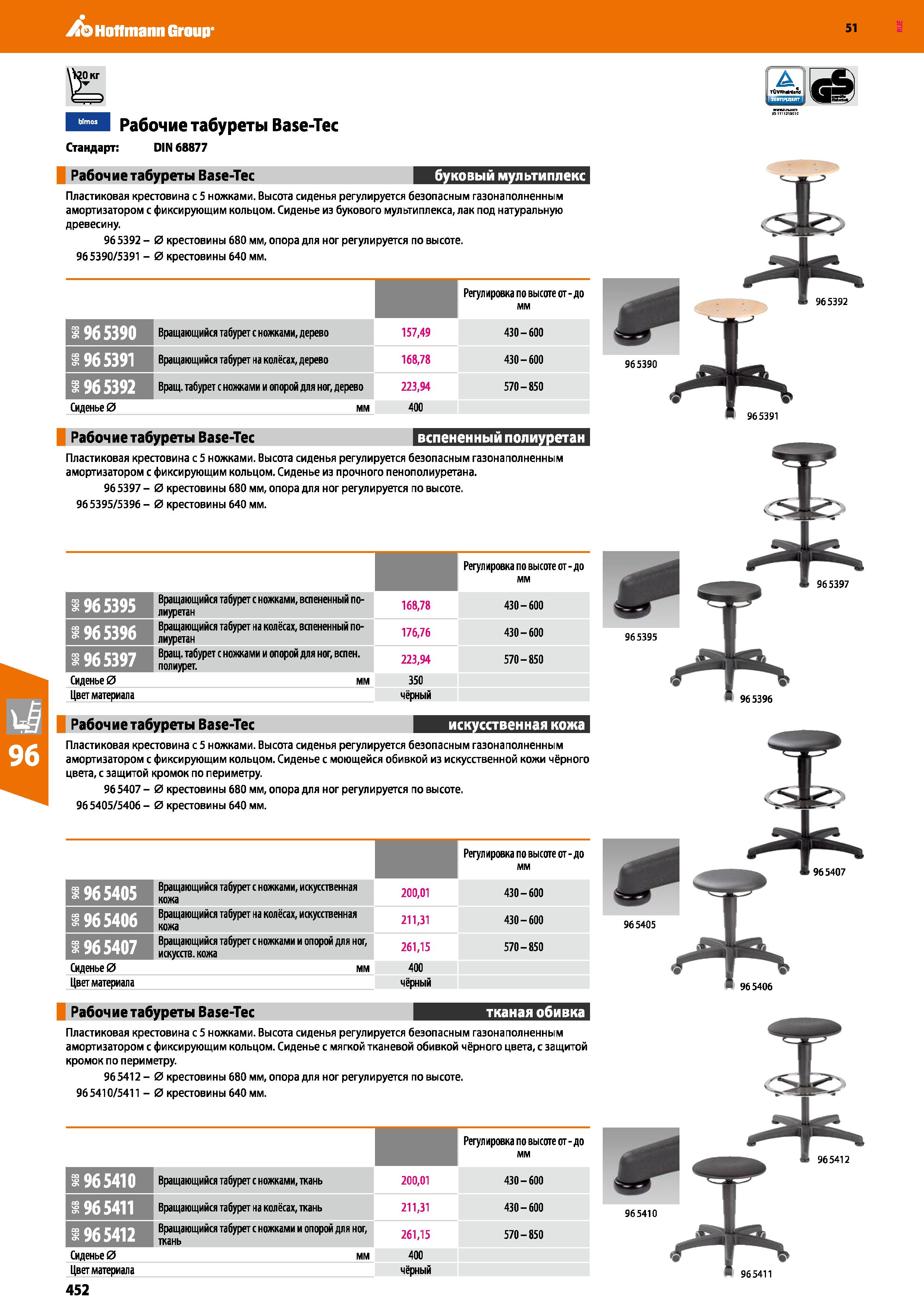452 Hoffmann Group 51 ШтШ Рабочие табуреты Base-Tec Стандарт: DIN 68877 Рабочие табуреты Base-Tec ш Пластиковая крестовина с 5 ножками Высота сиденья Каталог HOFFMANN GROUP 2020 Промышленная мебель и складское оборудование для производств Системы хранения и транспортировки Тележки и шкафы для инструментов Стр. 452