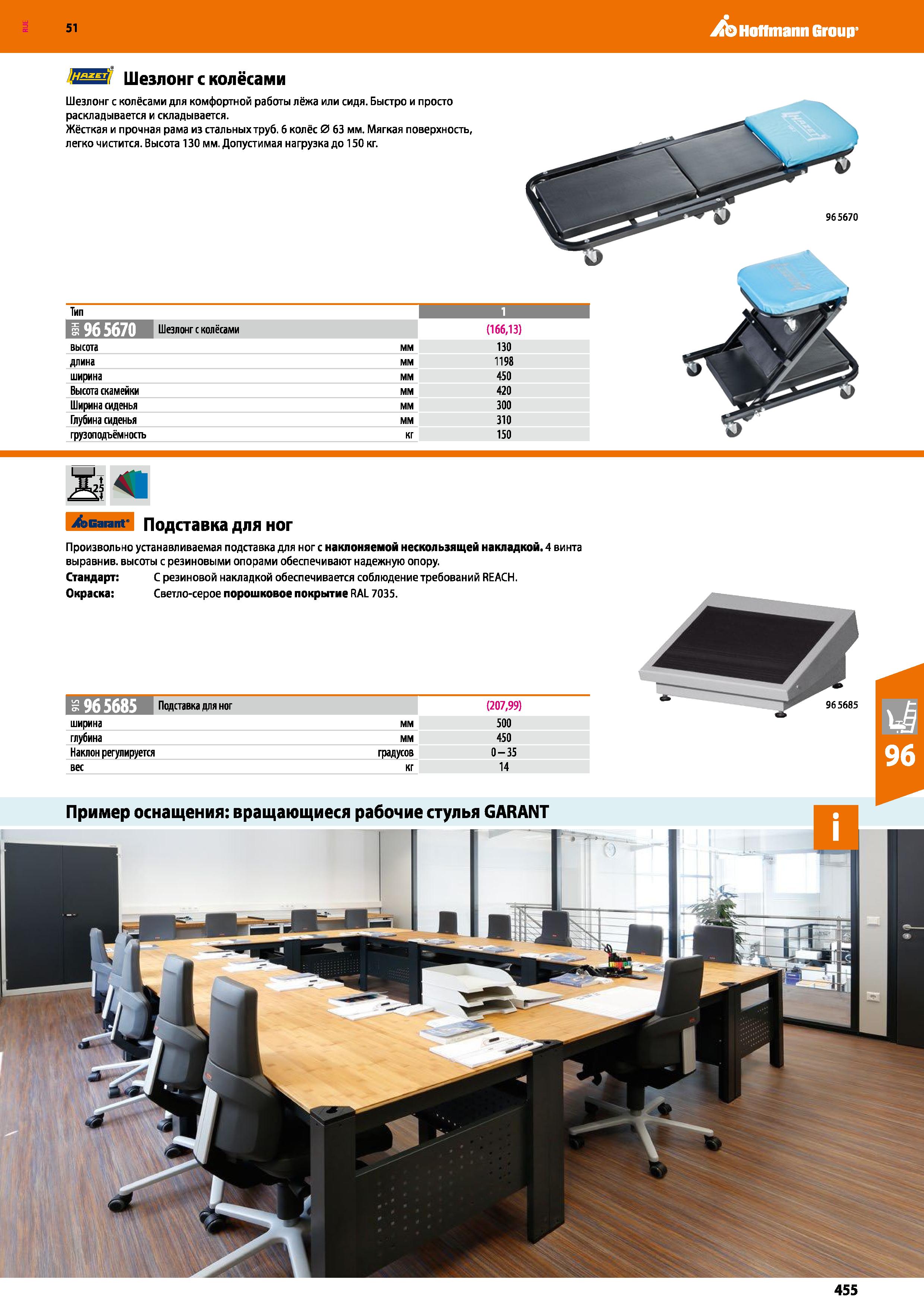 455 Hoffmann Group 51 ШШИ Шезлонг с колёсами Шезлонг с колёсами для комфортной работы лёжа или сидя Быстро и просто раскладывается и складывается Жёс Каталог HOFFMANN GROUP 2020 Промышленная мебель и складское оборудование для производств Системы хранения и транспортировки Тележки и шкафы для инструментов Стр. 455