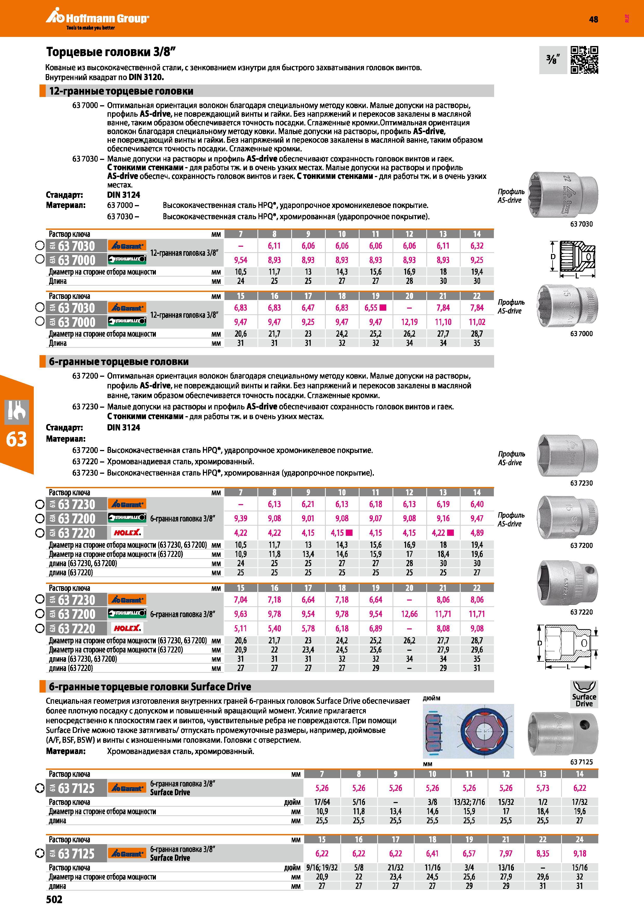 502 Торцевые головки 3/8 Кованые из высококачественной стали, с зенкованием изнутри для быстрого захватывания головок винтов Внутренний квадр Каталог HOFFMANN GROUP 2017 Ручной слесарно-монтажный и контрольно-измерительный инструмент для производственных предприятиий и служб сервиса Инвентарь Стр. 502