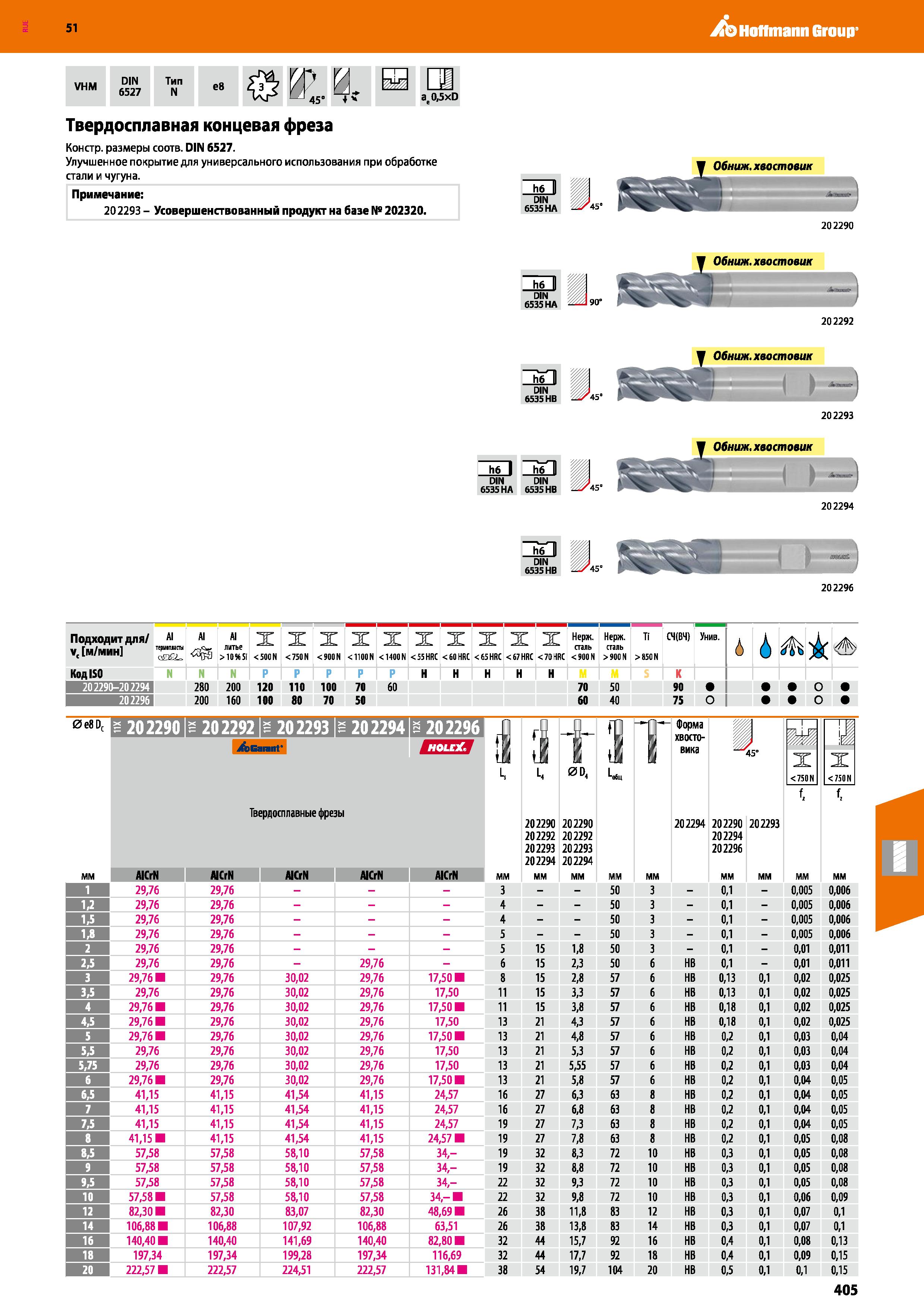 405 Hoffmann Group 51 VHM DIN 6527 Тип N e8 W И I 45 4 4 a 0,5xD Твердосплавная концевая фреза Констр размеры соотв DIN 6527 Улучшенное покрытие для Каталог HOFFMANN GROUP 2020 Режущий и вспомогательный инструмент для металлорежущих станков с ЧПУ и универсальных Сверла Фрезы Метчики Резцы Развертки Оснастка инструментальная Стр. 405