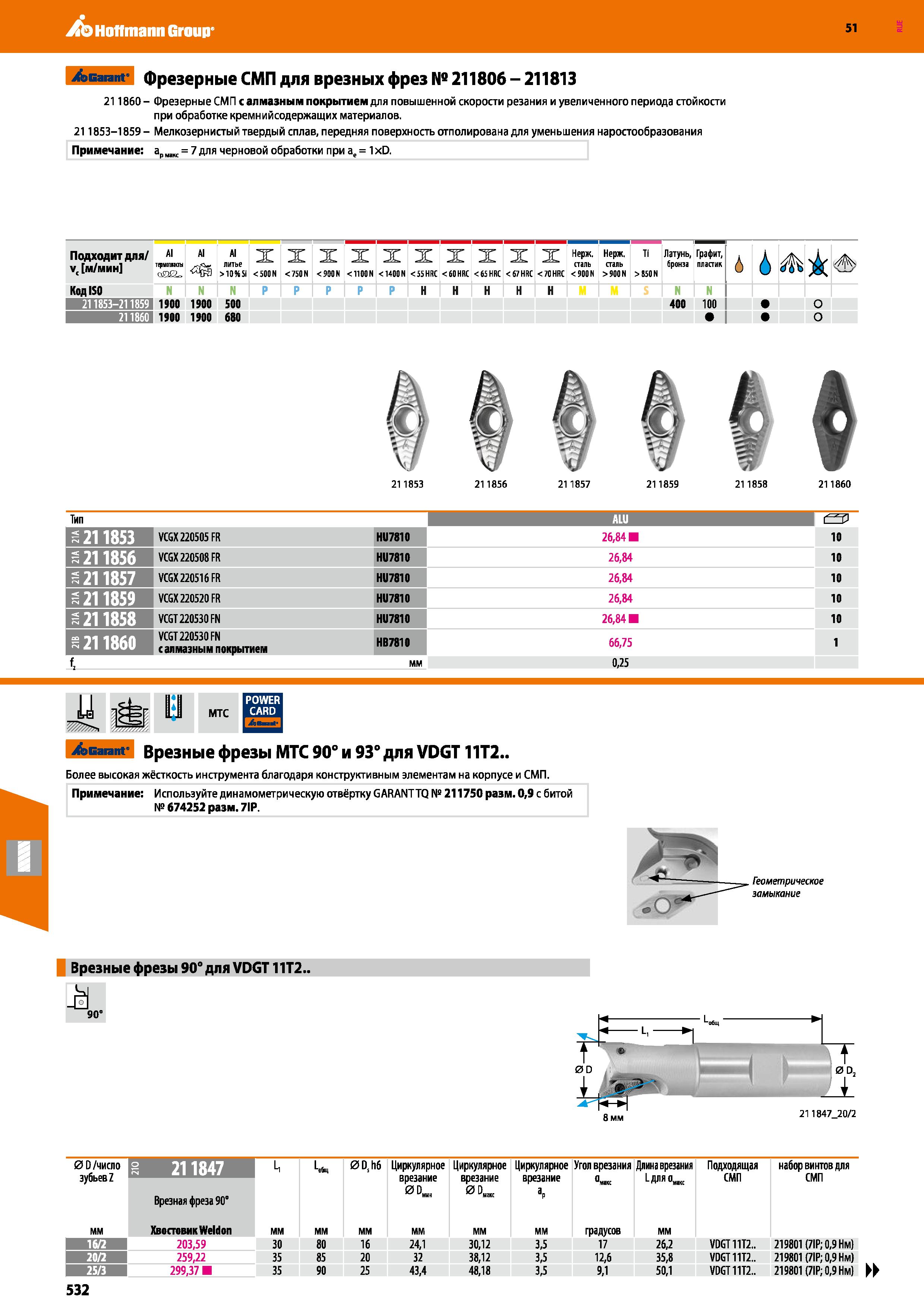 532 Hoffmann Group 51 Garant Фрезерные СМП для врезных фрез № 211806 - 211813 21 1860- Фрезерные СМП с алмазным покрытием для повышенной скорости рез Каталог HOFFMANN GROUP 2020 Режущий и вспомогательный инструмент для металлорежущих станков с ЧПУ и универсальных Сверла Фрезы Метчики Резцы Развертки Оснастка инструментальная Стр. 532