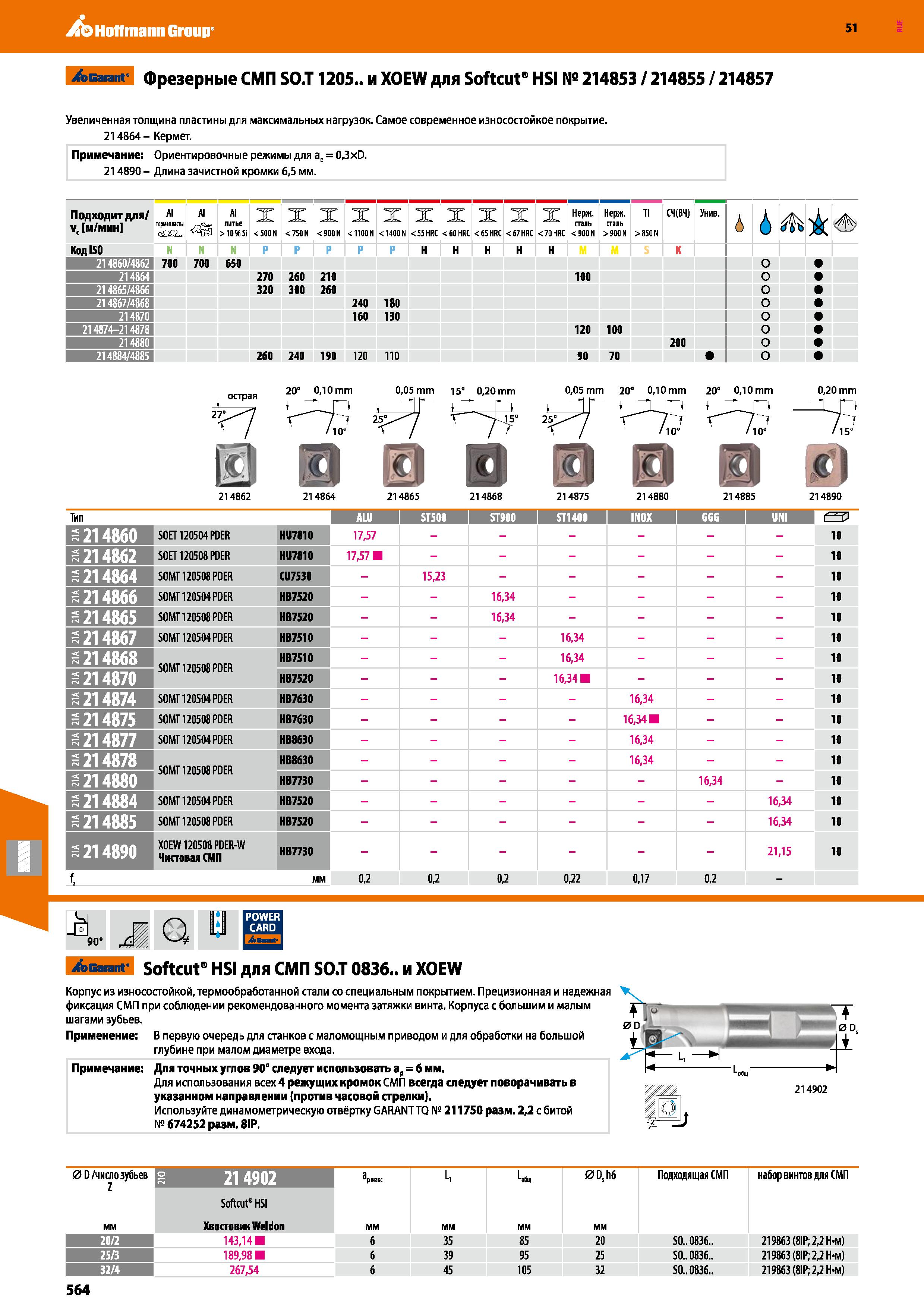 564 Hoffmann Group 51 / Gaiant° фрезерные СМП SO T 1205 и XOEW для Softcut HSI № 214853 / 214855 / 214857 Увеличенная толщина пластины для максимальн Каталог HOFFMANN GROUP 2020 Режущий и вспомогательный инструмент для металлорежущих станков с ЧПУ и универсальных Сверла Фрезы Метчики Резцы Развертки Оснастка инструментальная Стр. 564