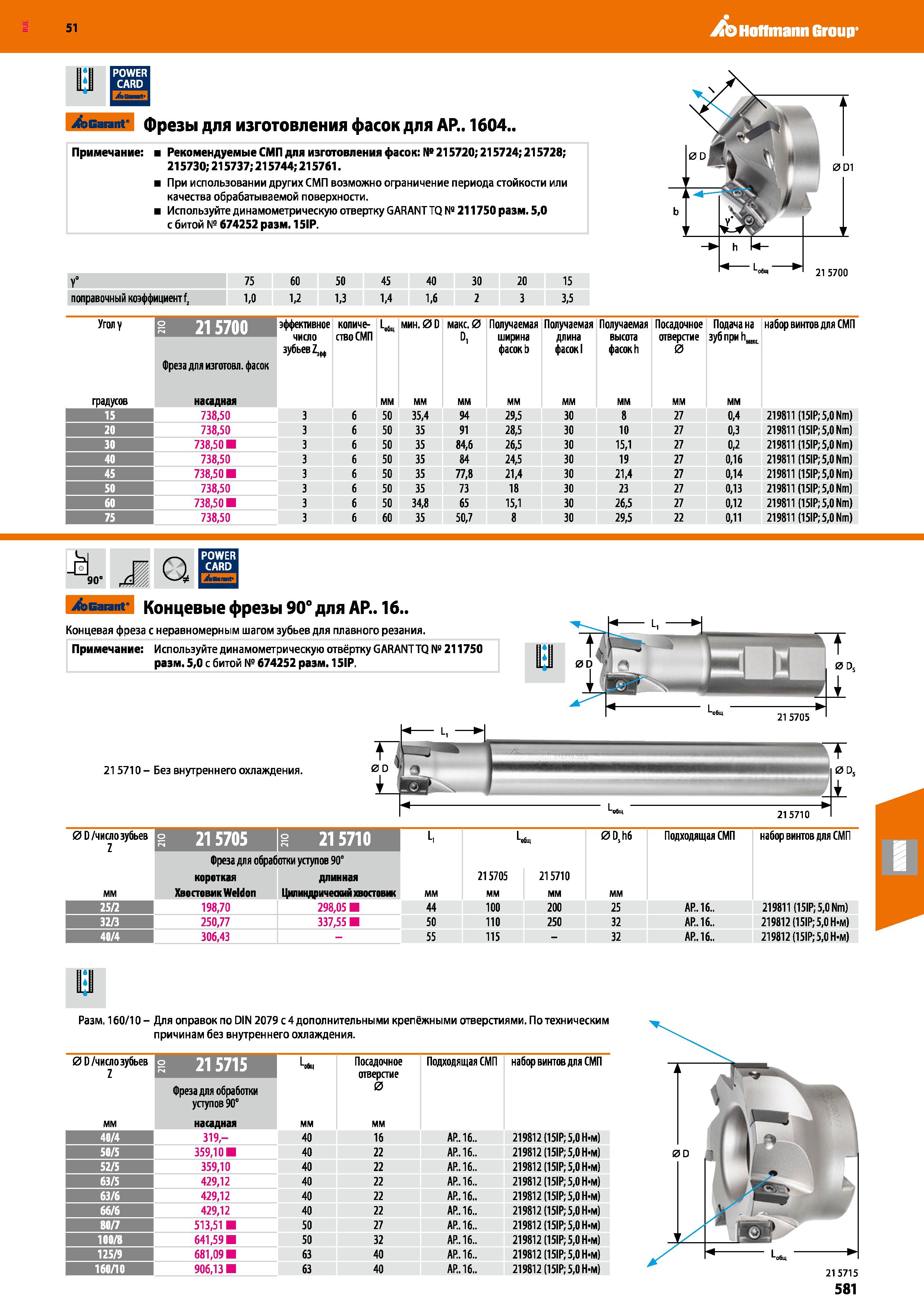 581 Hoffmann Group 51 Garant фрезы для изготовления фасок для АР 1604 , Примечание: Рекомендуемые СМП для изготовления фасок: № 215720; 215724; 21572 Каталог HOFFMANN GROUP 2020 Режущий и вспомогательный инструмент для металлорежущих станков с ЧПУ и универсальных Сверла Фрезы Метчики Резцы Развертки Оснастка инструментальная Стр. 581