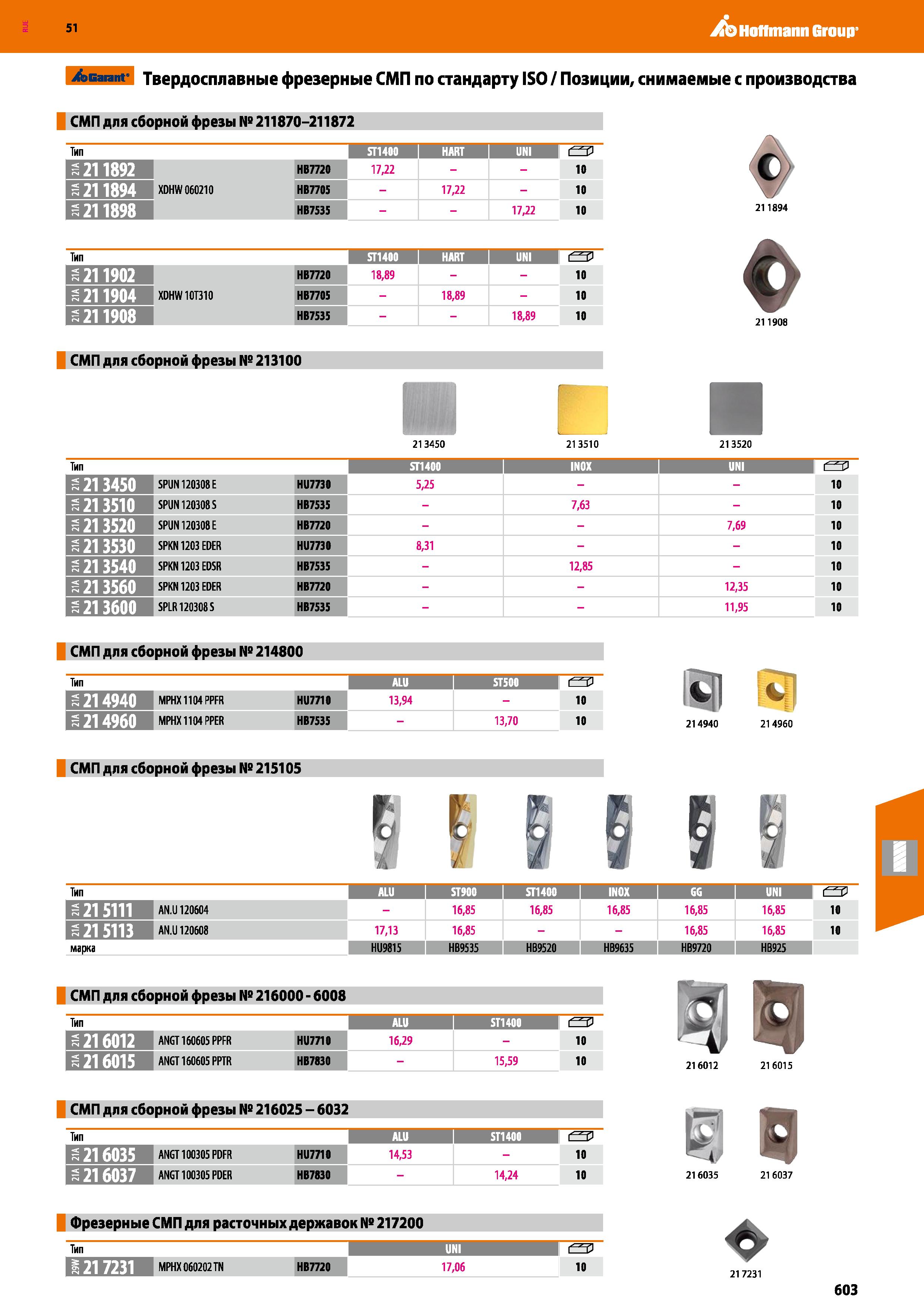 603 51 ХЬ НоПтапп Group /sBarant Твердосплавные фрезерные СМП по стандарту ISO / Позиции, снимаемые с производства СМП для сборной фрезы № 211870-211 Каталог HOFFMANN GROUP 2020 Режущий и вспомогательный инструмент для металлорежущих станков с ЧПУ и универсальных Сверла Фрезы Метчики Резцы Развертки Оснастка инструментальная Стр. 603