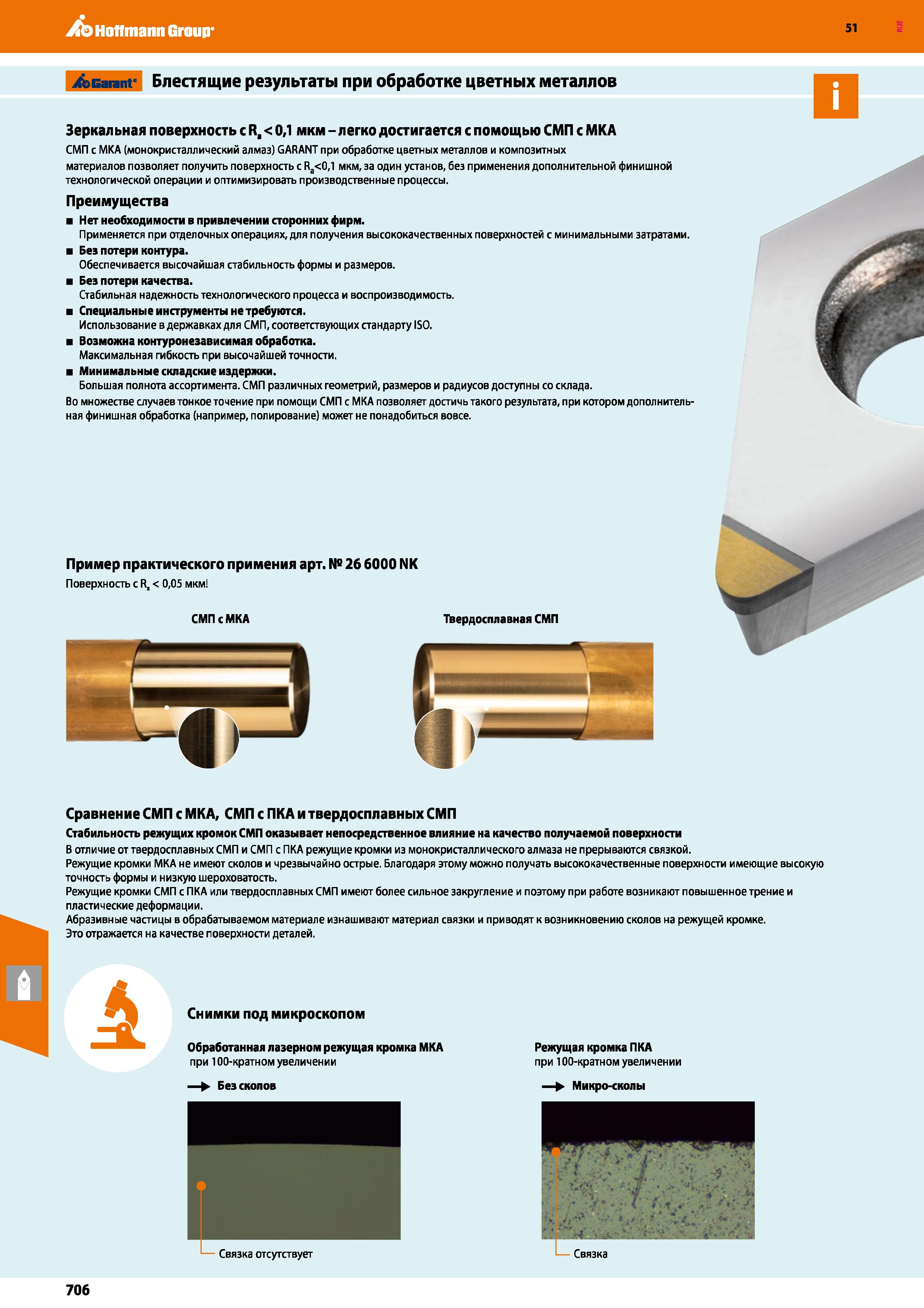 706 Режущие пластины с монокристаллическим алмазом при обработке цветных металлов и композитов позволяет получить поверхность с Ra 0,1 мкм Каталог HOFFMANN GROUP 2020 Режущий и вспомогательный инструмент для металлорежущих станков с ЧПУ и универсальных Сверла Фрезы Метчики Резцы Развертки Оснастка инструментальная Стр. 706