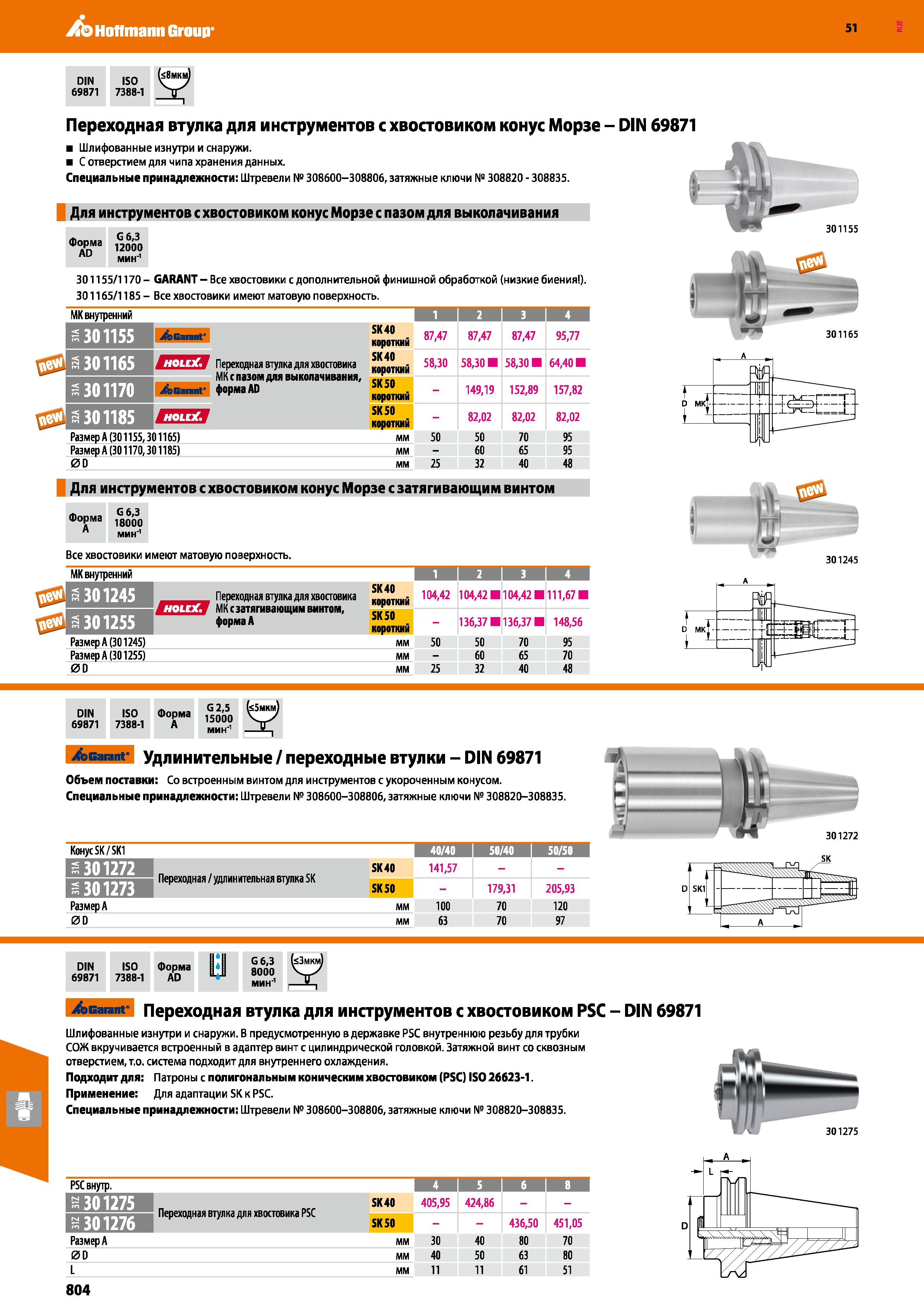804 Hoffmann Group 51 DIN 69871 ISO 7388-1 Переходная втулка для инструментов с хвостовиком конус Морзе - DIN Шлифованные изнутри и снаружи С отверст Каталог HOFFMANN GROUP 2020 Режущий и вспомогательный инструмент для металлорежущих станков с ЧПУ и универсальных Сверла Фрезы Метчики Резцы Развертки Оснастка инструментальная Стр. 804