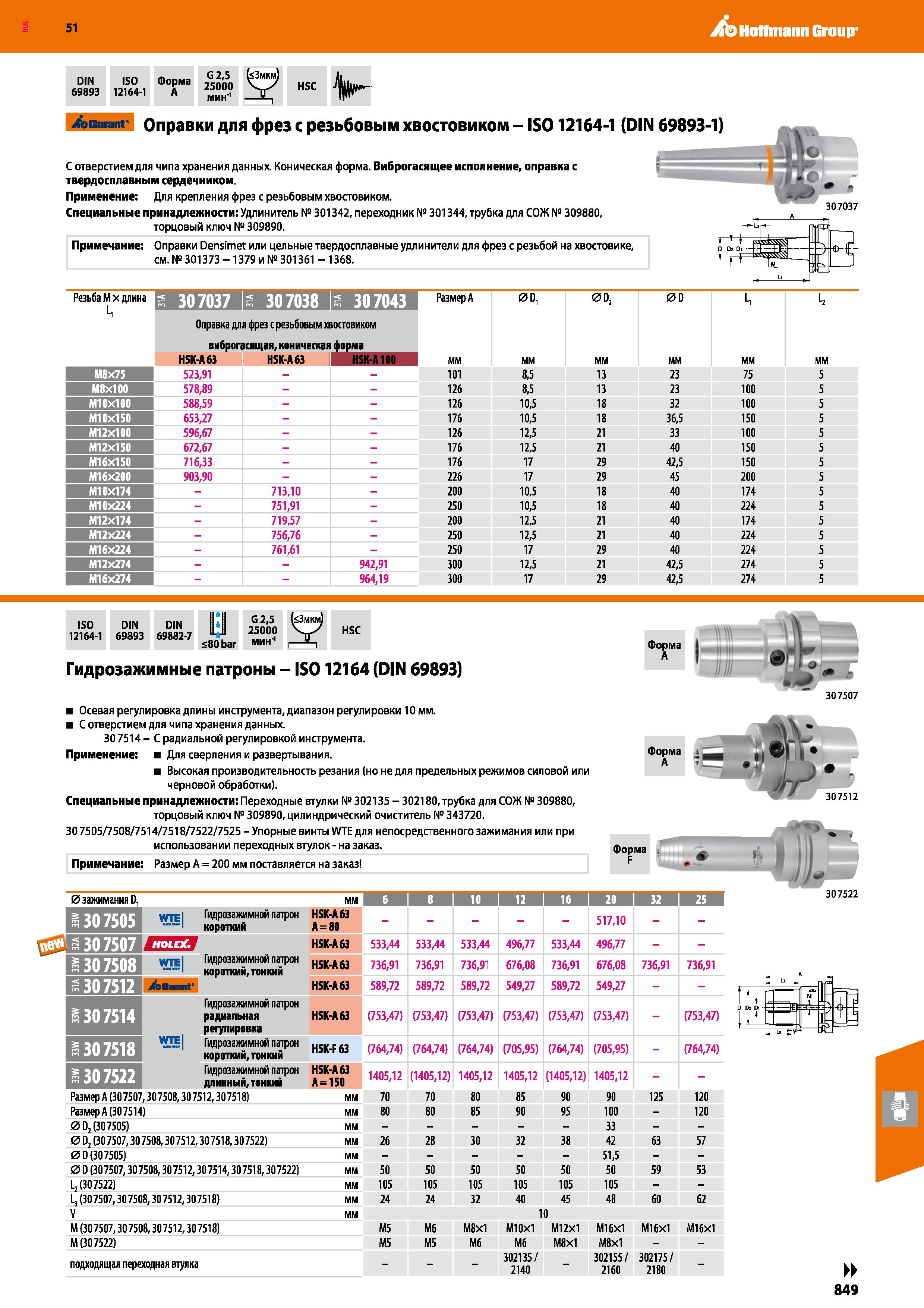 849 Hoffmann Group 51 DIN ISO Форма 69893 12164-1 A HSC Sealant- Оправки для фрез с резьбовым хвостовиком - IS012164-1 (DIN 69893-1) С отверстием для Каталог HOFFMANN GROUP 2020 Режущий и вспомогательный инструмент для металлорежущих станков с ЧПУ и универсальных Сверла Фрезы Метчики Резцы Развертки Оснастка инструментальная Стр. 849