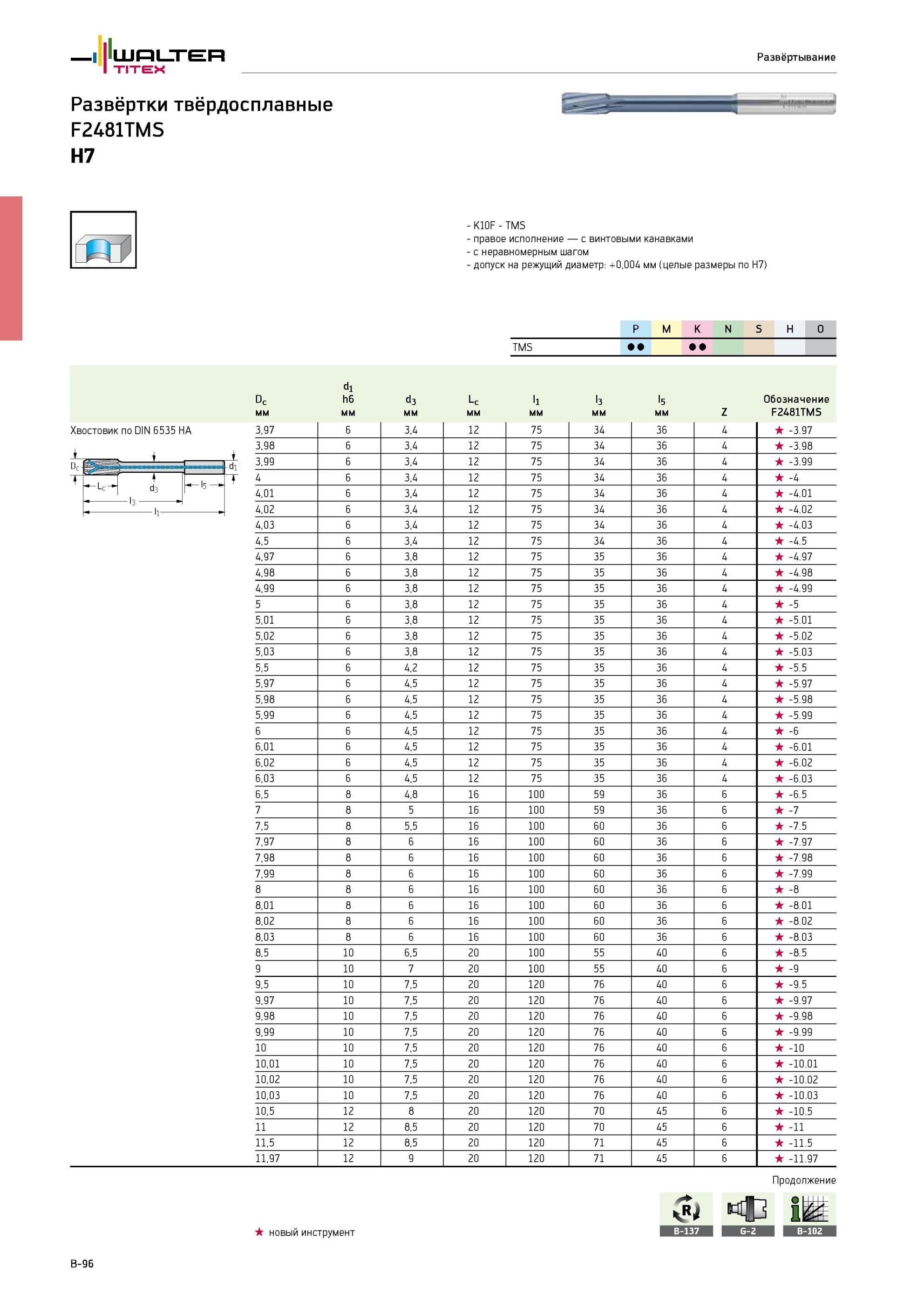 252 Твердосплавные машинные косозубые развертки Walter Titex F2481TMS Режущий осевой инструмент правого исполнения с винтовыми канавками и неравномерным шагом Допуск на Каталог WALTER 2013 Дополнение к общему Точение Сверление Резьбонарезание Фрезерование Оснастка Стр. B-96