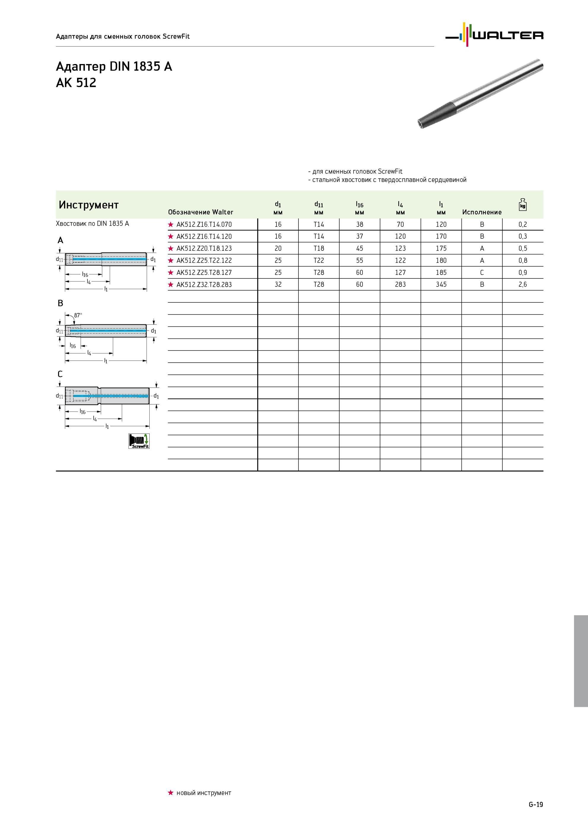 781 Адаптеры для сменных головок ScrewFit Адаптер DIN 1835 A AK 512 для сменных головок ScrewFit - стальной хвостовик с твердосплавной сердцевиной Инструмент Обозначение Каталог WALTER 2013 Дополнение к общему Точение Сверление Резьбонарезание Фрезерование Оснастка Стр. G-19