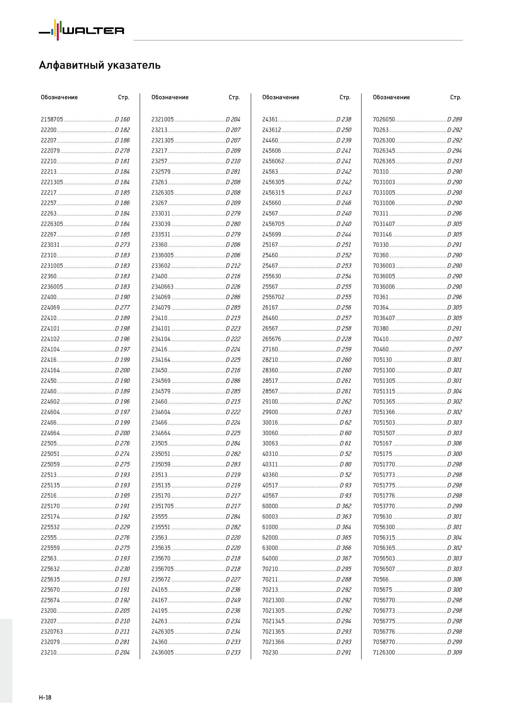 822 Инструментальный каталог Walter 2013 на русском языке Алфавитный указатель по обозначению продукции Стр 2158705 D160 22200 D182 22207 D186 222079 D 278 22210 D181 22 Каталог WALTER 2013 Дополнение к общему Точение Сверление Резьбонарезание Фрезерование Оснастка Стр. H-18
