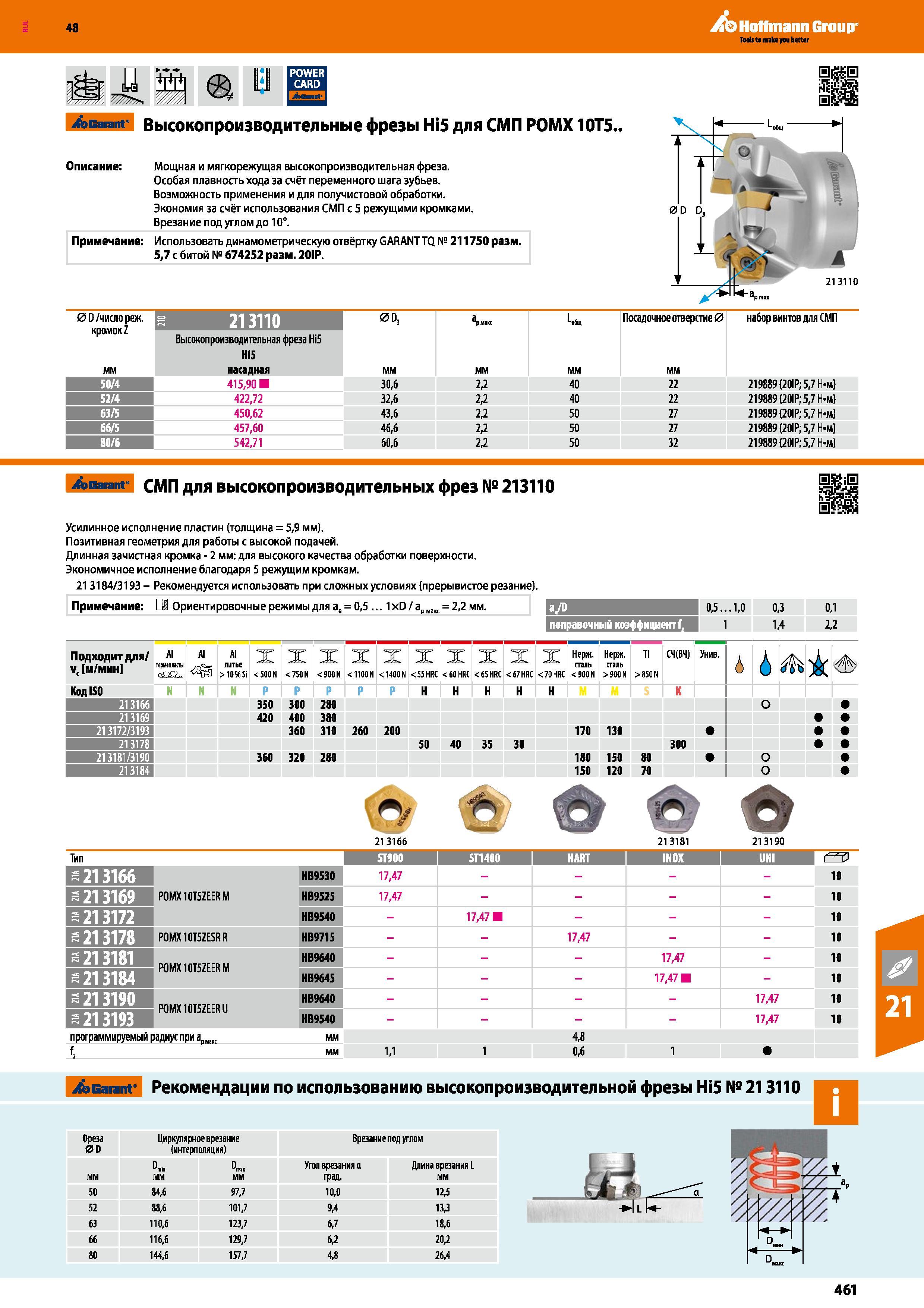 461 48 Hoffmann Group Garant Высокопроизводительные фрезы Hi5 для СМП POMX10Т5 Описание: Мощная и мягкорежущая высокопроизводительная фреза Особая плавнос Каталог HOFFMANN GROUP 2017 Инструмент режущий и вспомогательный для металлорежущих промышленных станков Резцы токарные Концевые твердосплавные фрезы Зажимные патроны Стр. 461