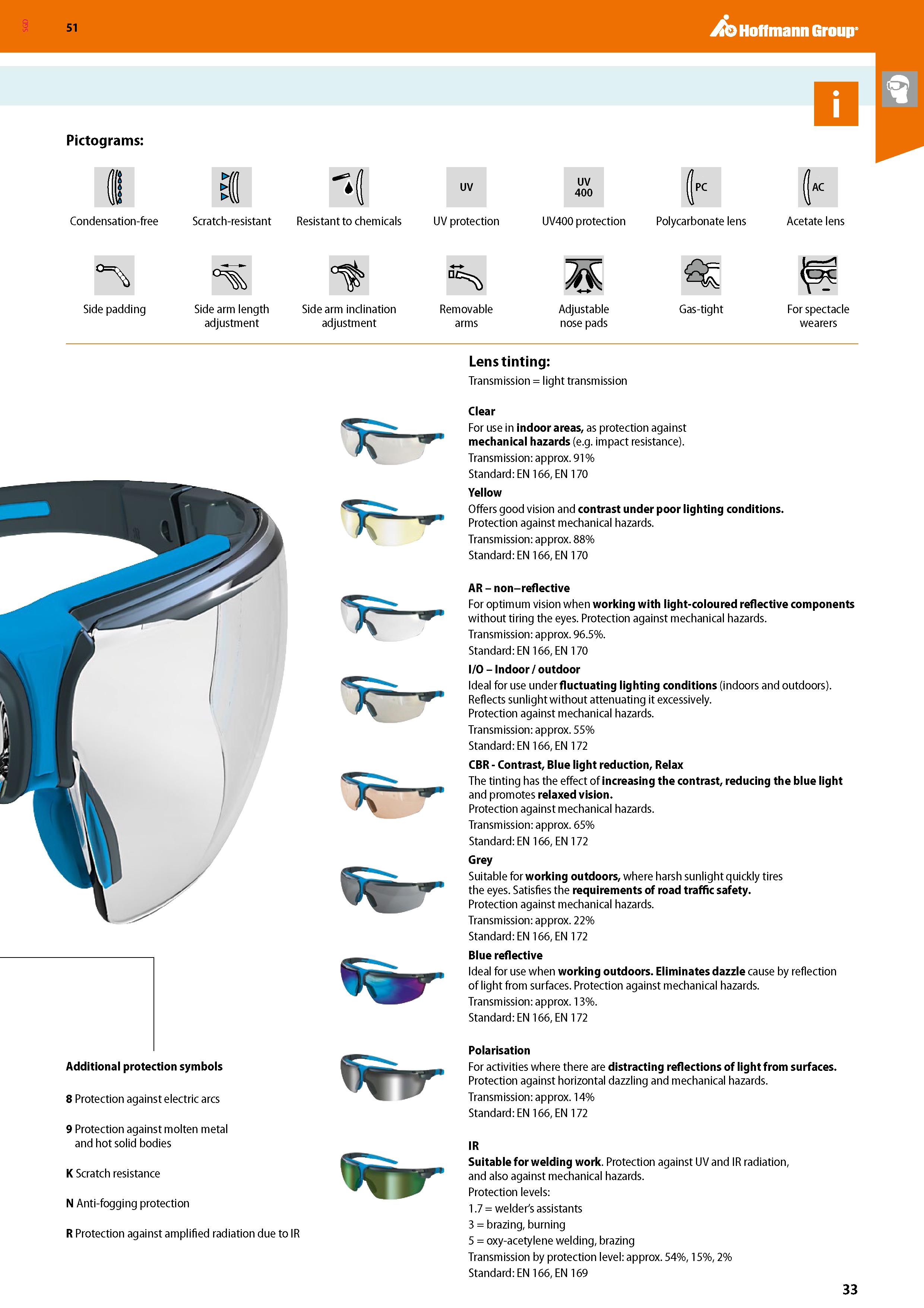 33 SGD 51 Pictograms: UV UV 400 Condensation-free Scratch-resistant Resistant to chemicals UV protection UV400 protection Polycarbonate lens Acetate Каталог HOFFMANN GROUP 2020 Средства индивидуальной защиты органов зрения дыхания кожи СИЗ от поражения электрическим током шума Защитные перчатки Очки Специальная одежда Стр. 33