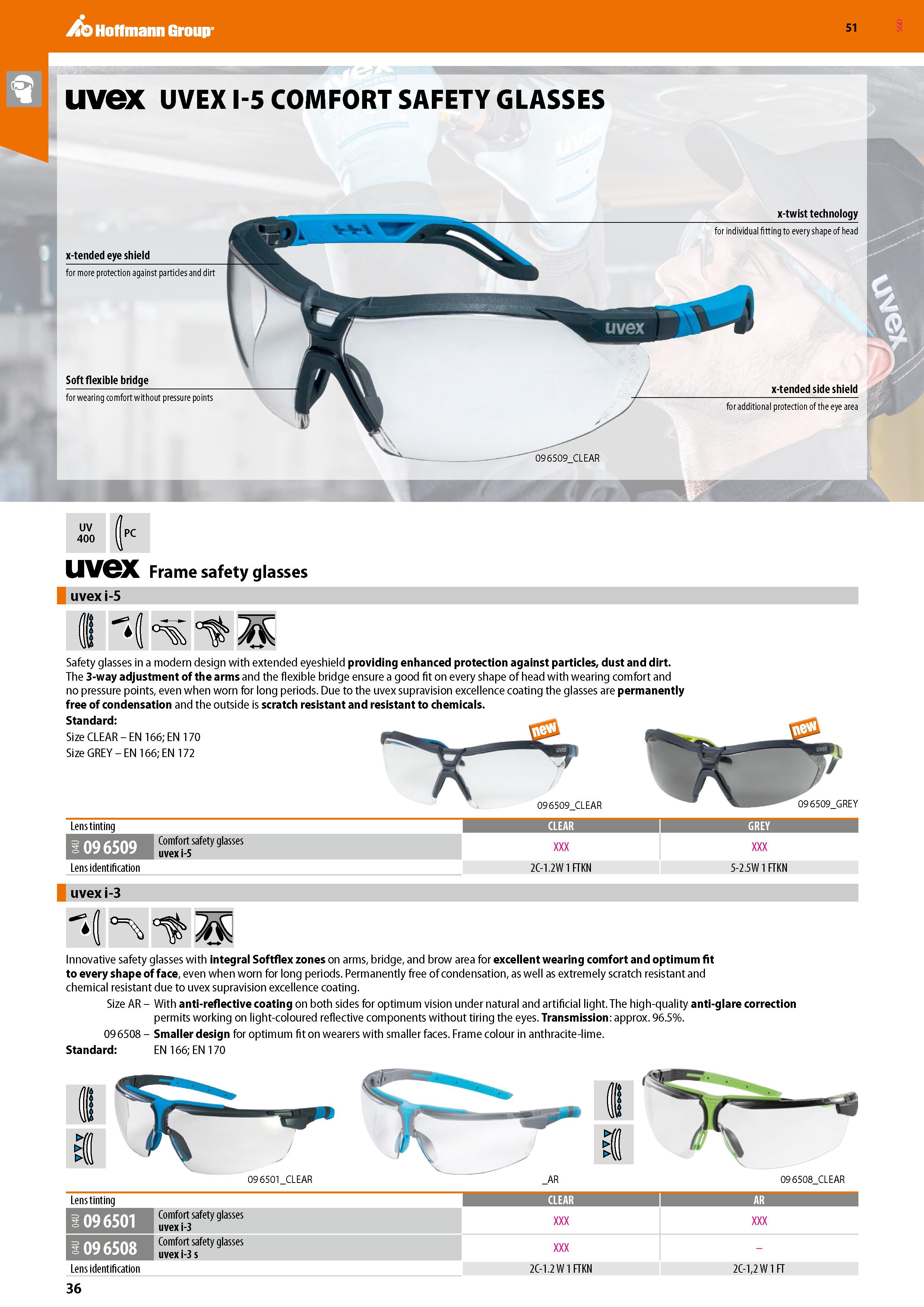 36 UV 400 PC uvex Frame safety glasses uvex i-5 Safety glasses in a modern design with extended eyeshield providing enhanced protection against part Каталог HOFFMANN GROUP 2020 Средства индивидуальной защиты органов зрения дыхания кожи СИЗ от поражения электрическим током шума Защитные перчатки Очки Специальная одежда Стр. 36