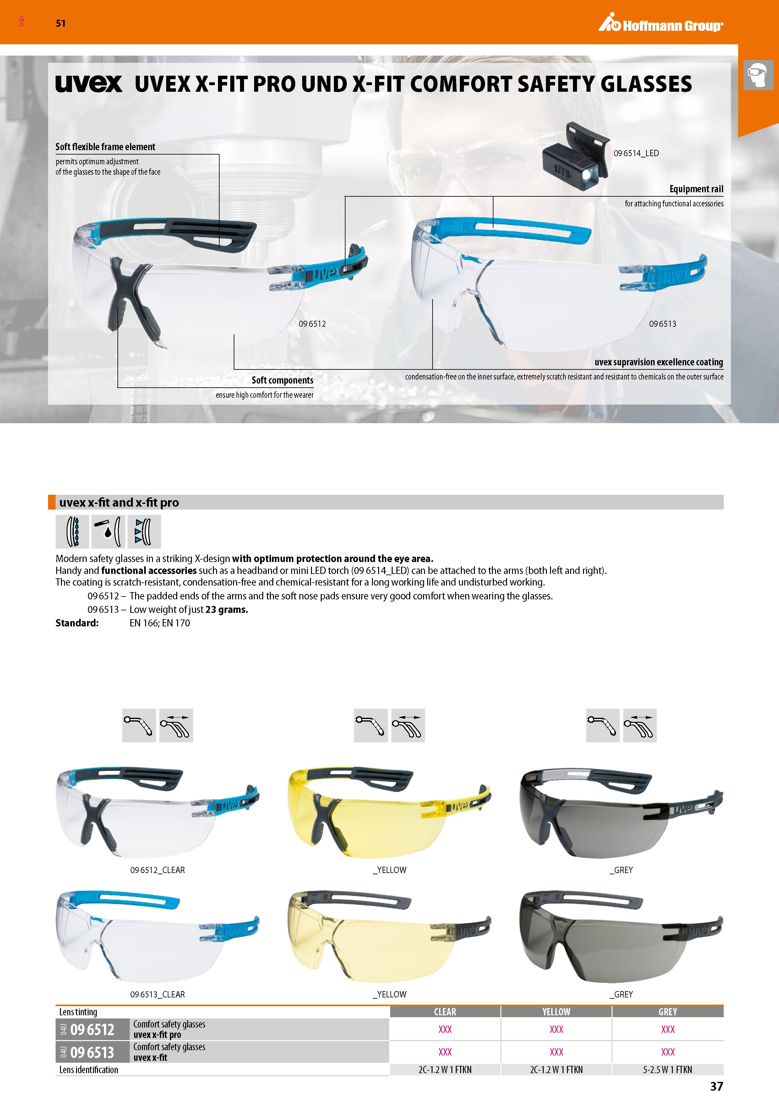 37 51 uvex UVEX X-FIT PRO UND X-FIT COMFORT SAFETY GLASSES Soft flexible frame element permits optimum adjustment of the glasses to the shape of the Каталог HOFFMANN GROUP 2020 Средства индивидуальной защиты органов зрения дыхания кожи СИЗ от поражения электрическим током шума Защитные перчатки Очки Специальная одежда Стр. 37