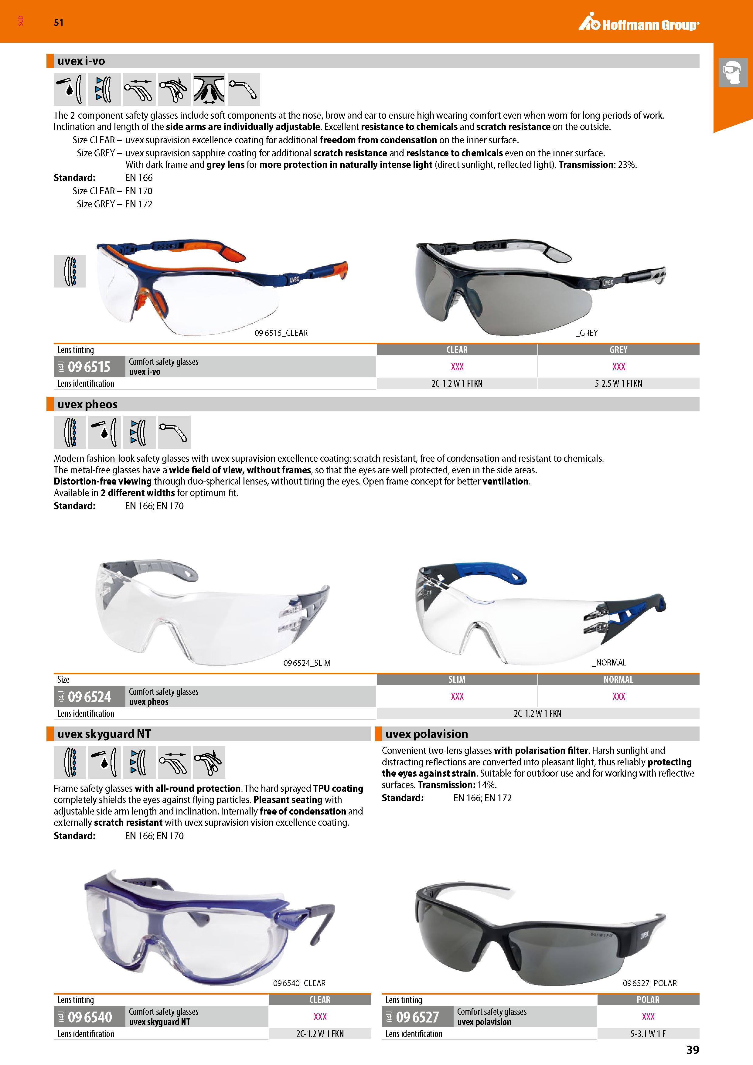 39 SGD A& Hoffmann Group 51 uvex i-vo tf The 2-component safety glasses include soft components at the nose, brow and ear to ensure high wearing com Каталог HOFFMANN GROUP 2020 Средства индивидуальной защиты органов зрения дыхания кожи СИЗ от поражения электрическим током шума Защитные перчатки Очки Специальная одежда Стр. 39