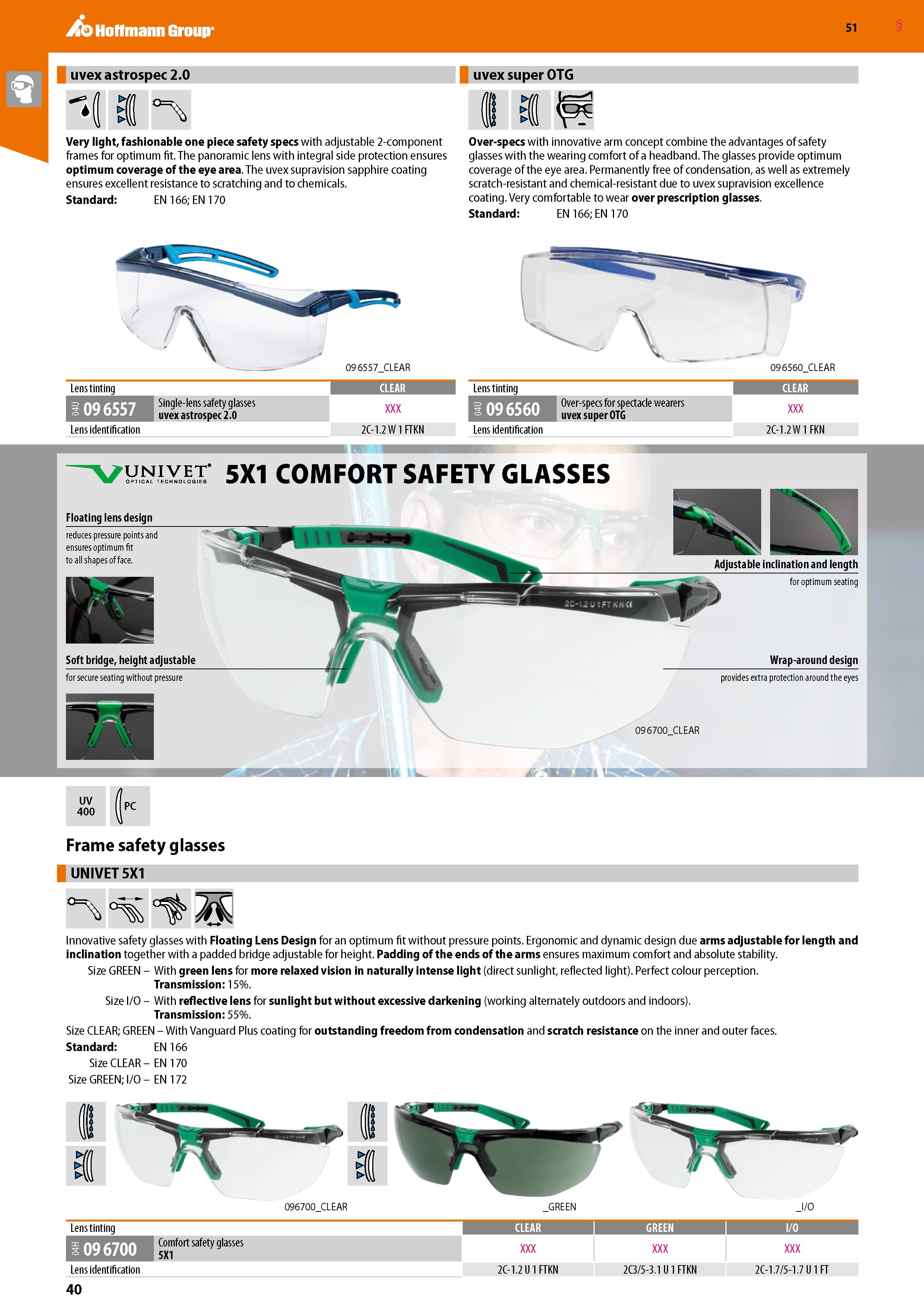 40 Very light, fashionable one piece safety specs with adjustable 2-component frames for optimum fit The panoramic lens with integral side protectio Каталог HOFFMANN GROUP 2020 Средства индивидуальной защиты органов зрения дыхания кожи СИЗ от поражения электрическим током шума Защитные перчатки Очки Специальная одежда Стр. 40