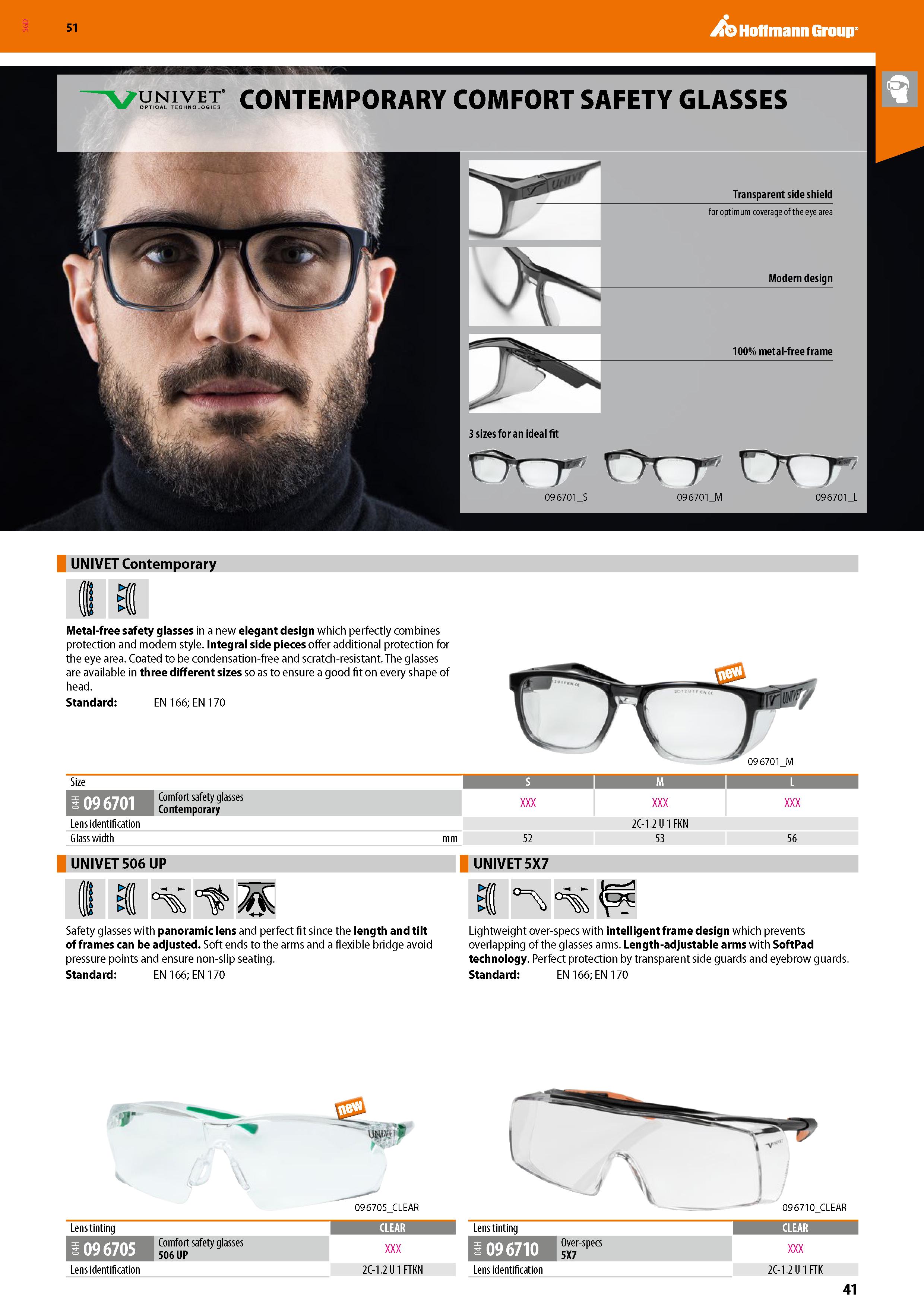 41 SGD UNIVET Contemporary 3 Metal-free safety glasses in a new elegant design which perfectly combines protection and modern style Integral side pi Каталог HOFFMANN GROUP 2020 Средства индивидуальной защиты органов зрения дыхания кожи СИЗ от поражения электрическим током шума Защитные перчатки Очки Специальная одежда Стр. 41