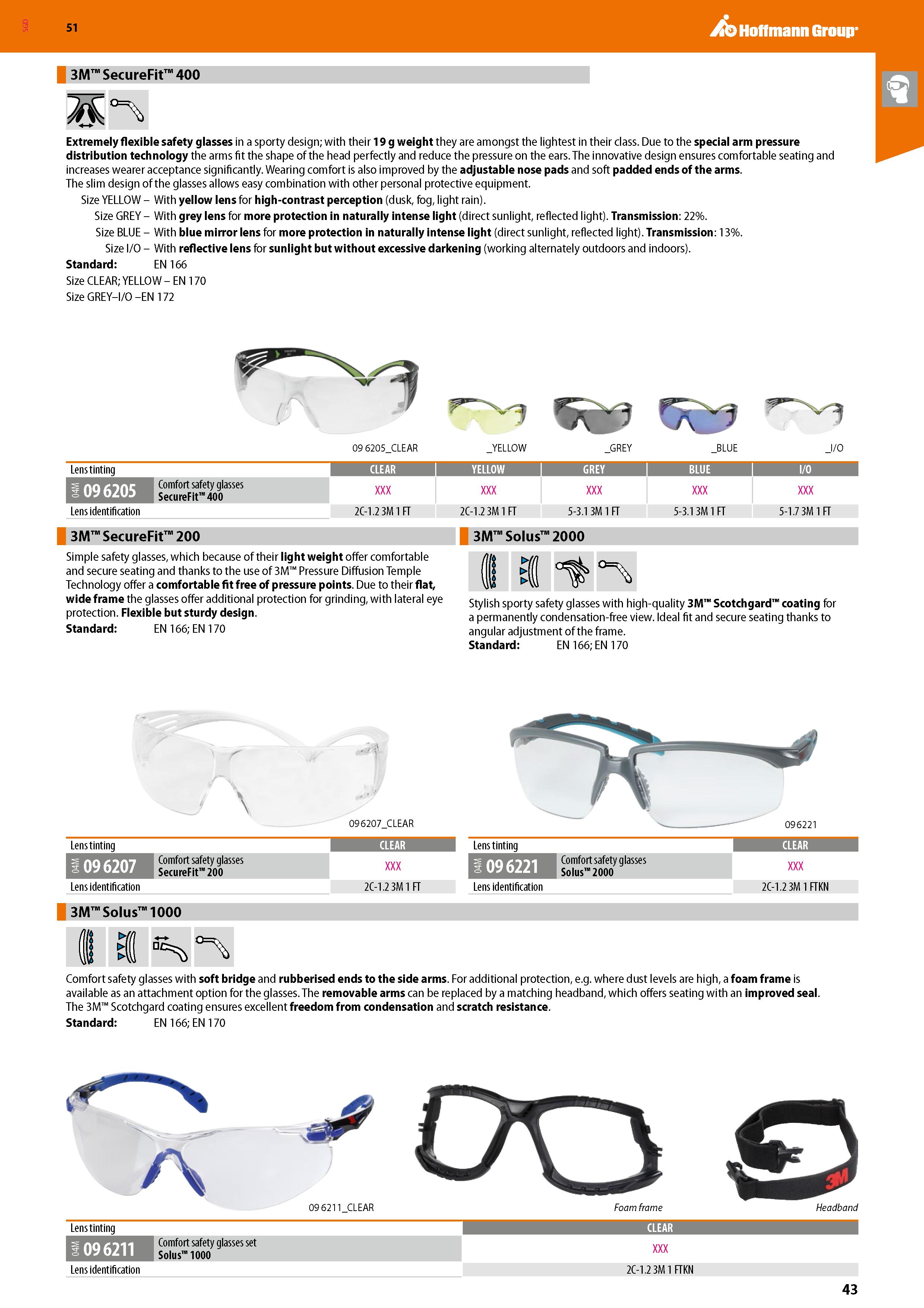 43 SGD 51 3M SecureFit 400 Extremely flexible safety glasses in a sporty design; with their 19 g weight they are amongst the lightest in their class Каталог HOFFMANN GROUP 2020 Средства индивидуальной защиты органов зрения дыхания кожи СИЗ от поражения электрическим током шума Защитные перчатки Очки Специальная одежда Стр. 43