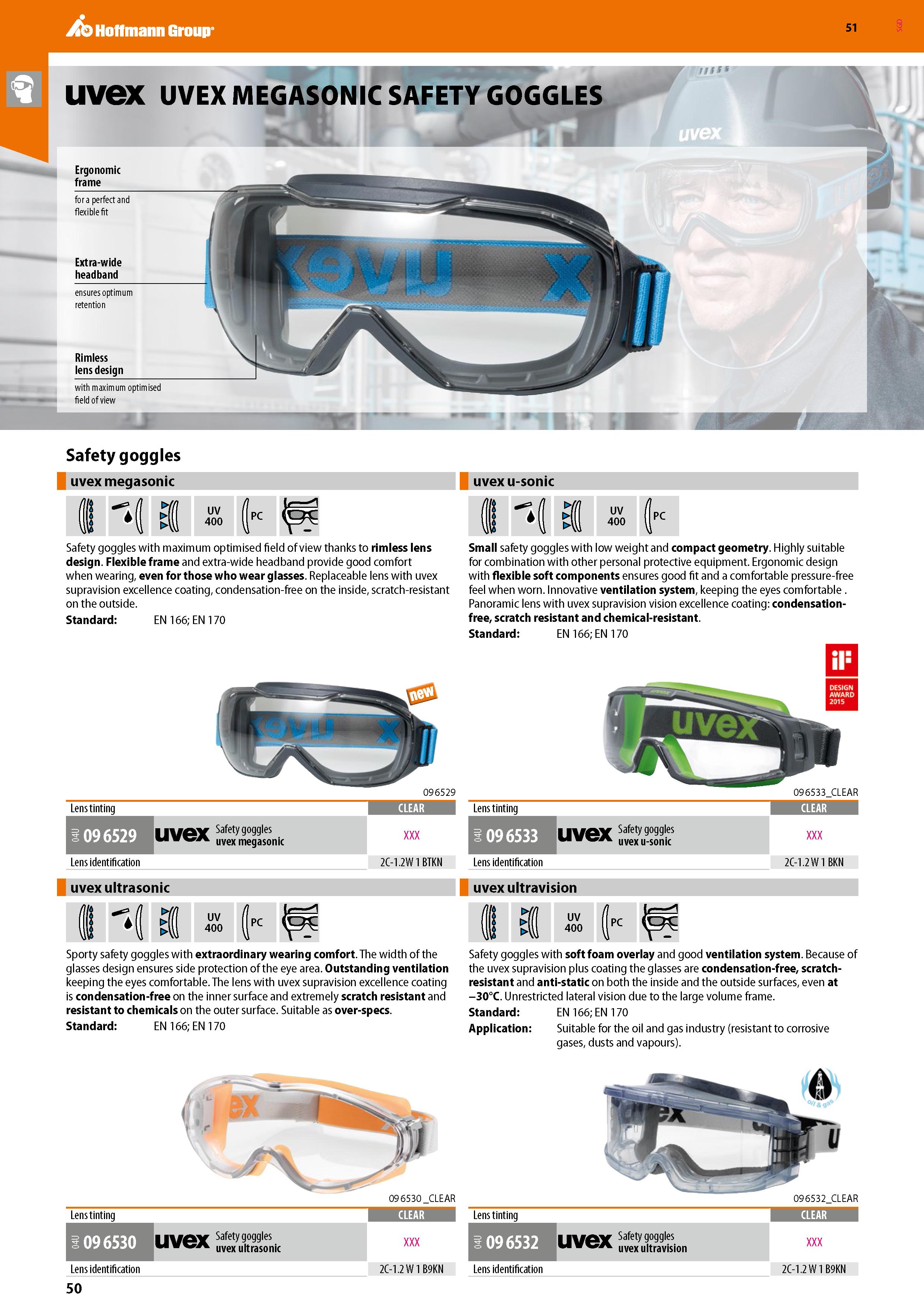 50 Safety goggles uvex megasonic uvex u-sonic I I 6 6 Y> ( VVv UV 400 pc UV 400 PC Safety goggles with maximum optimised field of view thanks to rim Каталог HOFFMANN GROUP 2020 Средства индивидуальной защиты органов зрения дыхания кожи СИЗ от поражения электрическим током шума Защитные перчатки Очки Специальная одежда Стр. 50