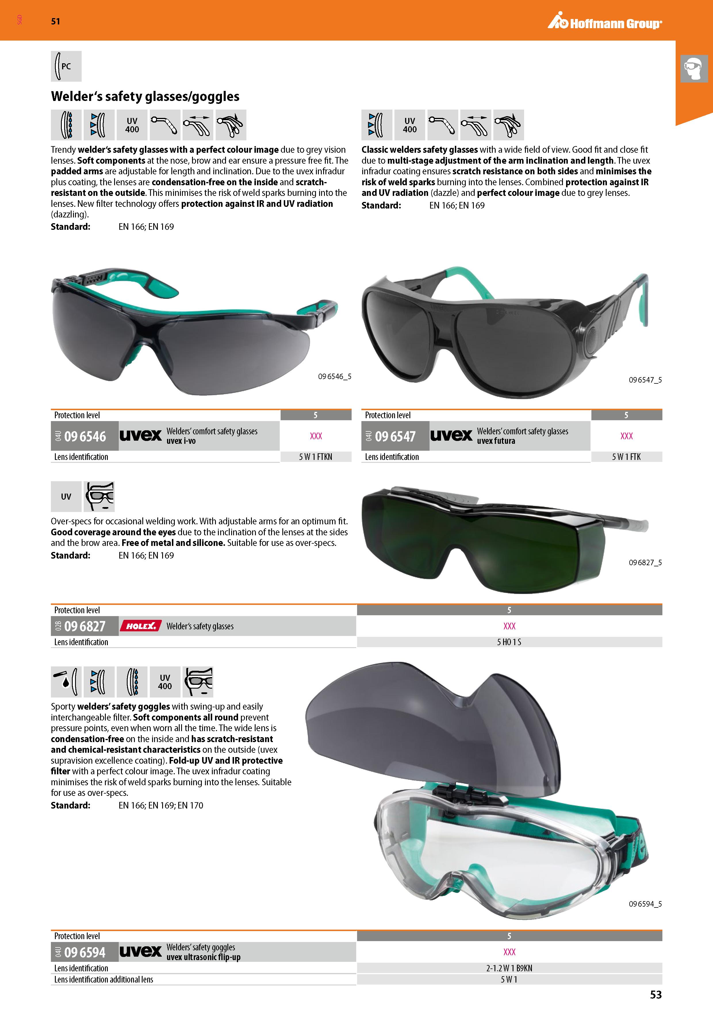53 SGD 51 Welder's safety glasses/goggles £Q 400 Trendy welder's safety glasses with a perfect colour image due to grey vision lenses Soft component Каталог HOFFMANN GROUP 2020 Средства индивидуальной защиты органов зрения дыхания кожи СИЗ от поражения электрическим током шума Защитные перчатки Очки Специальная одежда Стр. 53