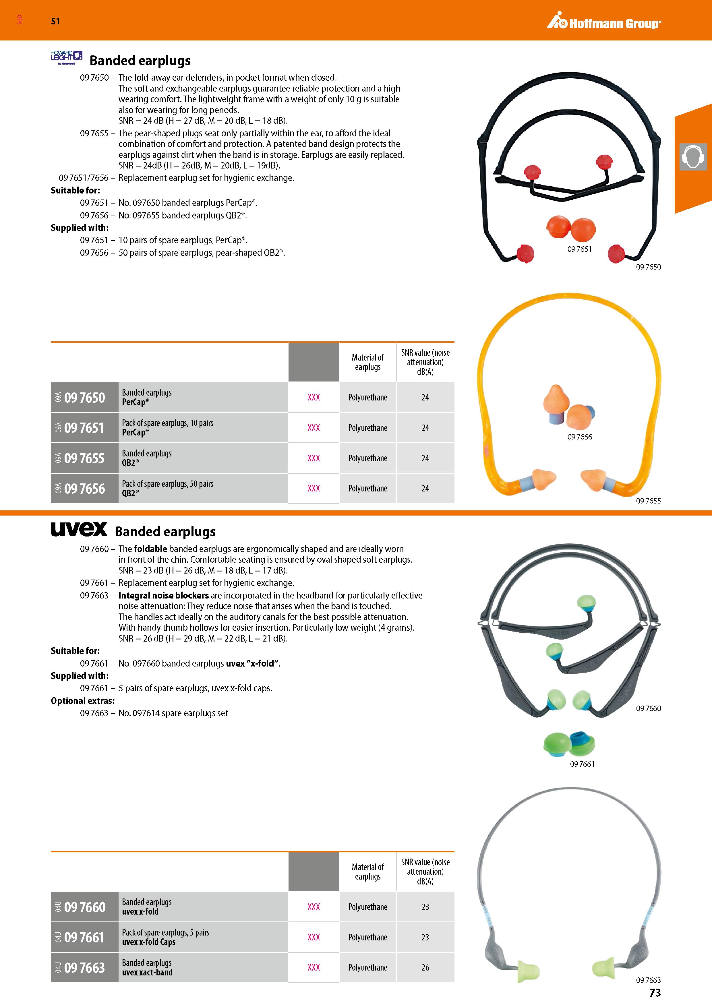 73 SGD Hoffmann Group 51 Dm Banded earplugs 09 7650 - The fold-away ear defenders, in pocket format when closed The soft and exchangeable earplugs g Каталог HOFFMANN GROUP 2020 Средства индивидуальной защиты органов зрения дыхания кожи СИЗ от поражения электрическим током шума Защитные перчатки Очки Специальная одежда Стр. 73